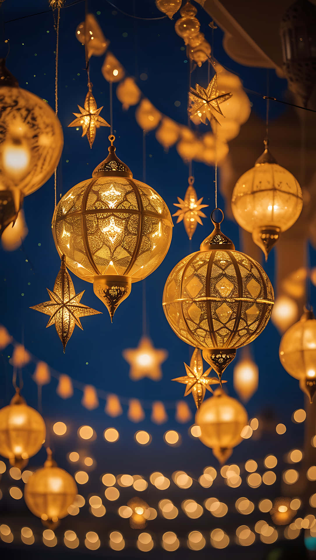 Golden Lights of Ramadan: Hanging Lantern Celebration. smartphone wallpaper 壁紙 — 金色華麗燈籠和星形燈飾懸掛在深藍色夜空下，營造出溫暖閃爍的節日氣氛。