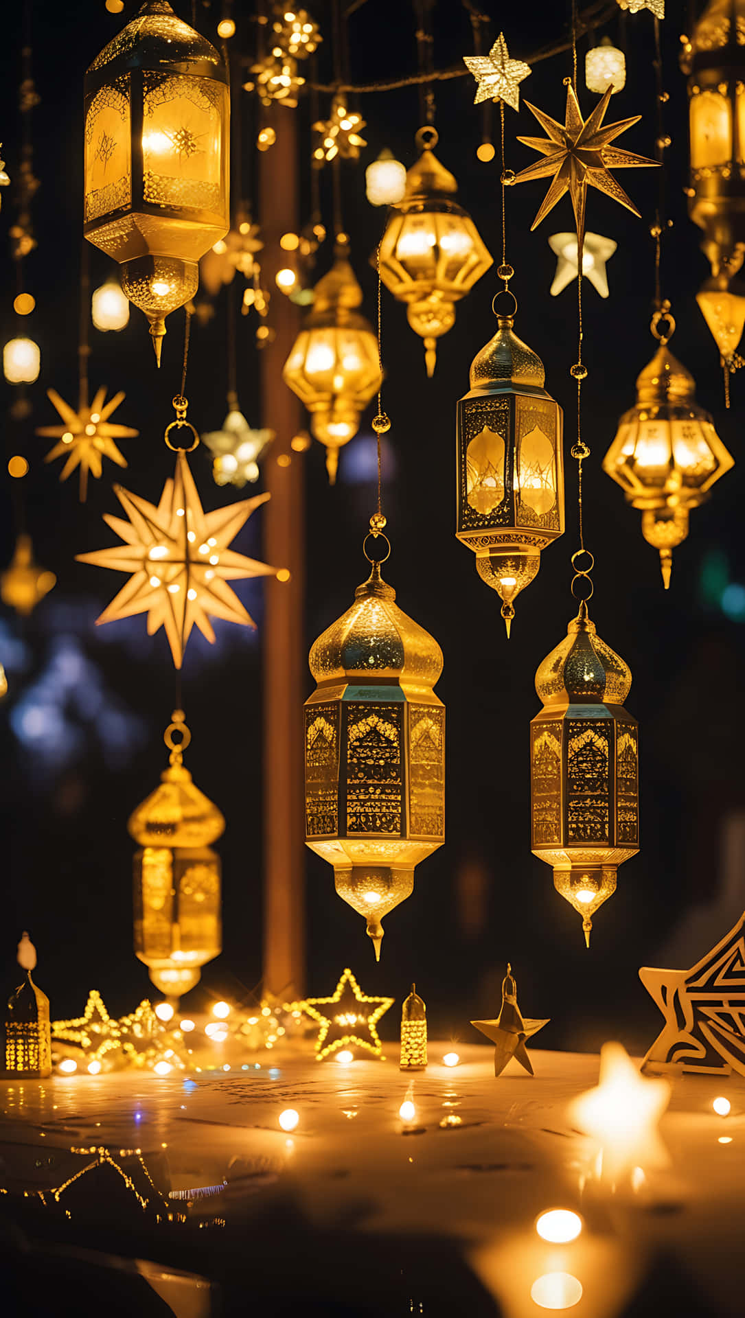 Golden Lights of Ramadan: Hanging Lantern Celebration. smartphone wallpaper 壁紙 — 金色華麗燈籠和星形燈飾懸掛著，在下面的桌子上投射出溫暖閃爍的倒影。