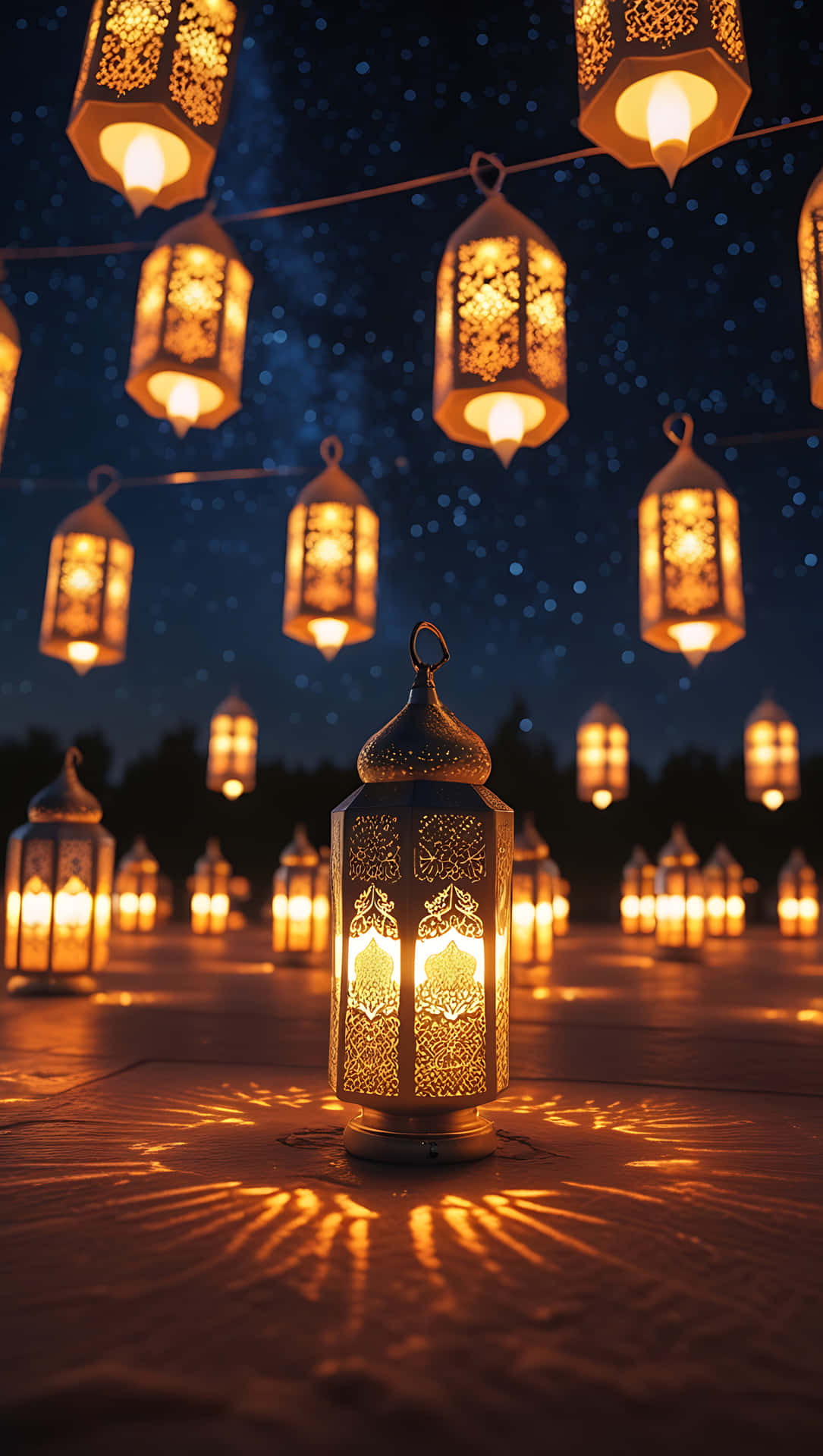 Ramadan Lights: A Night of Reflection and Celebration. smartphone wallpaper 壁紙 — 金色華麗燈籠在星空下溫暖地發光，在木地板上投射出複雜的光影圖案。