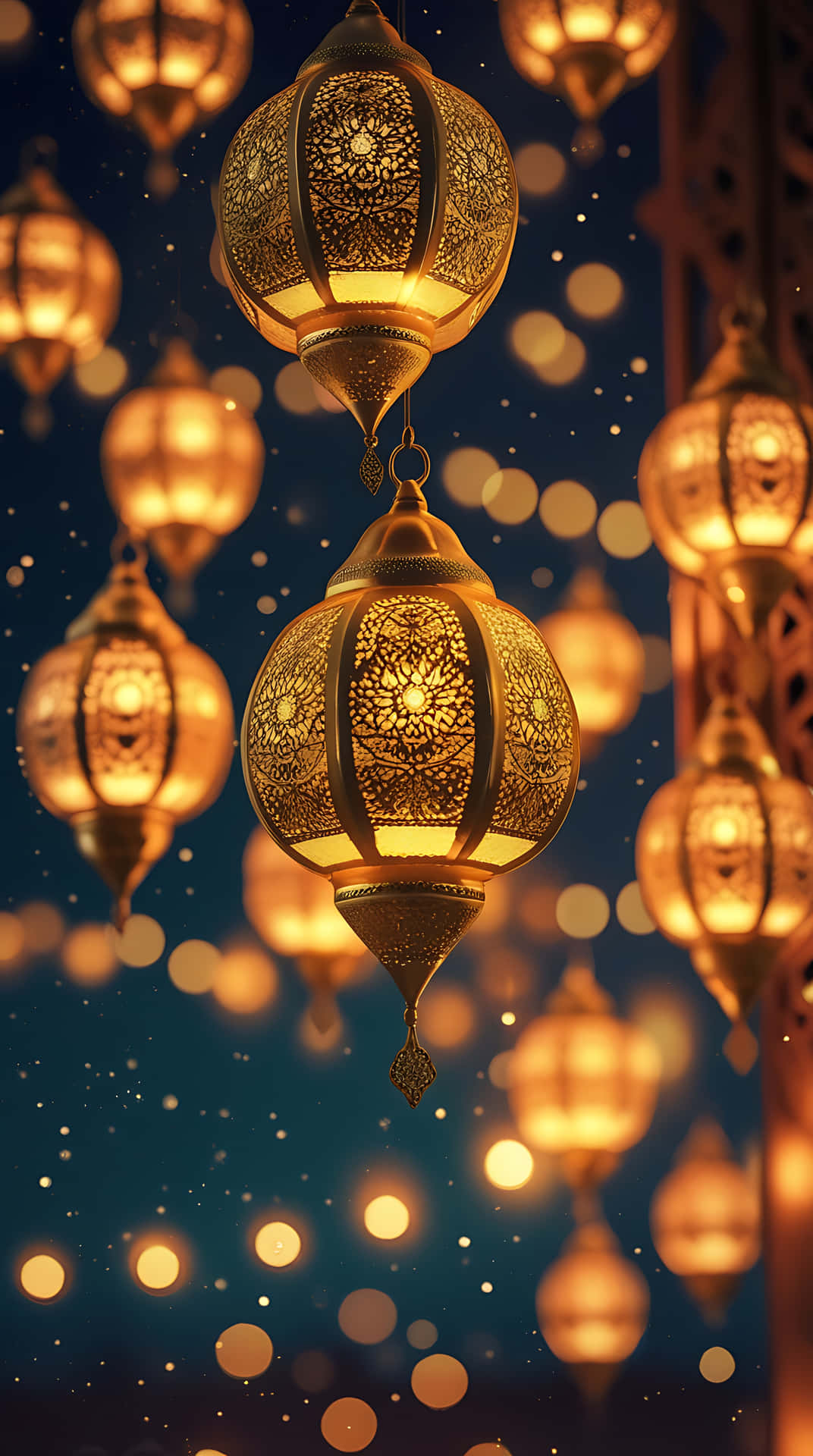 Golden Lantern Glow with Ramadan Kareem Greetings. smartphone wallpaper 壁紙 — 金色華麗燈籠在深藍色夜空下溫暖地發光，點綴著柔和散景燈光。