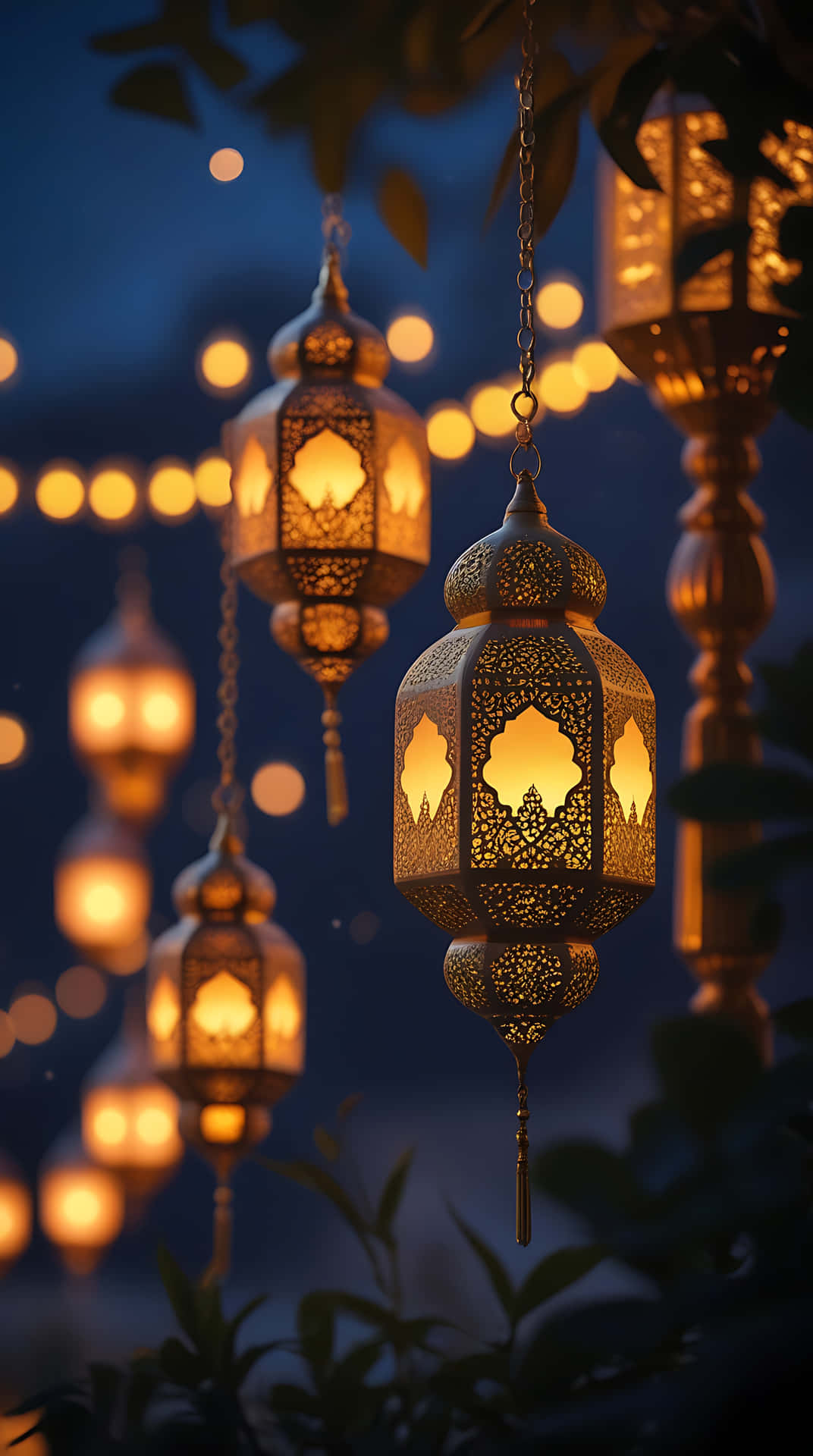 Warm Glow of Ramadan Lanterns in a Starry Evening. smartphone wallpaper 壁紙 — 金色華麗燈籠在深藍色夜空下溫暖發光，伴隨柔和散景燈光和葉子剪影。