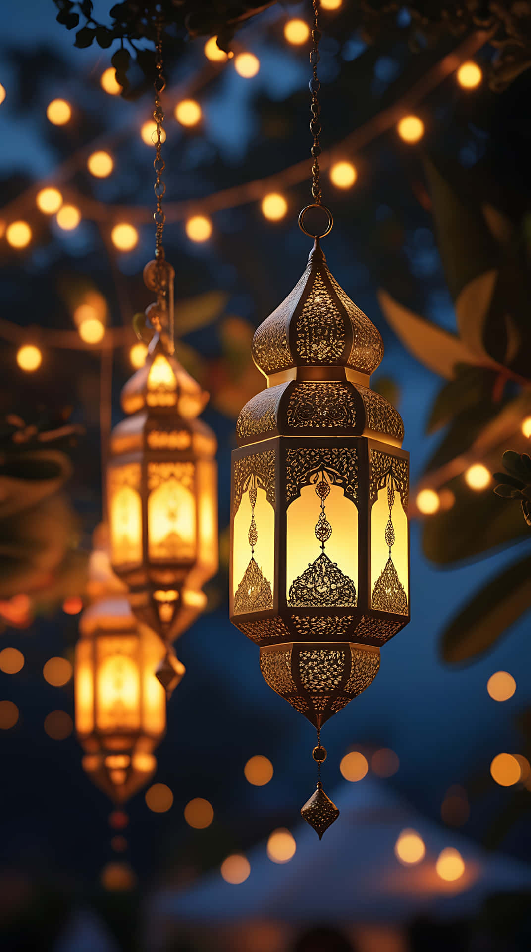 Warm Glow of Ramadan Lanterns in a Starry Evening. smartphone wallpaper 壁紙 — 金色華麗燈籠在深藍色夜空下溫暖發光，背景有模糊的串燈和樹葉。