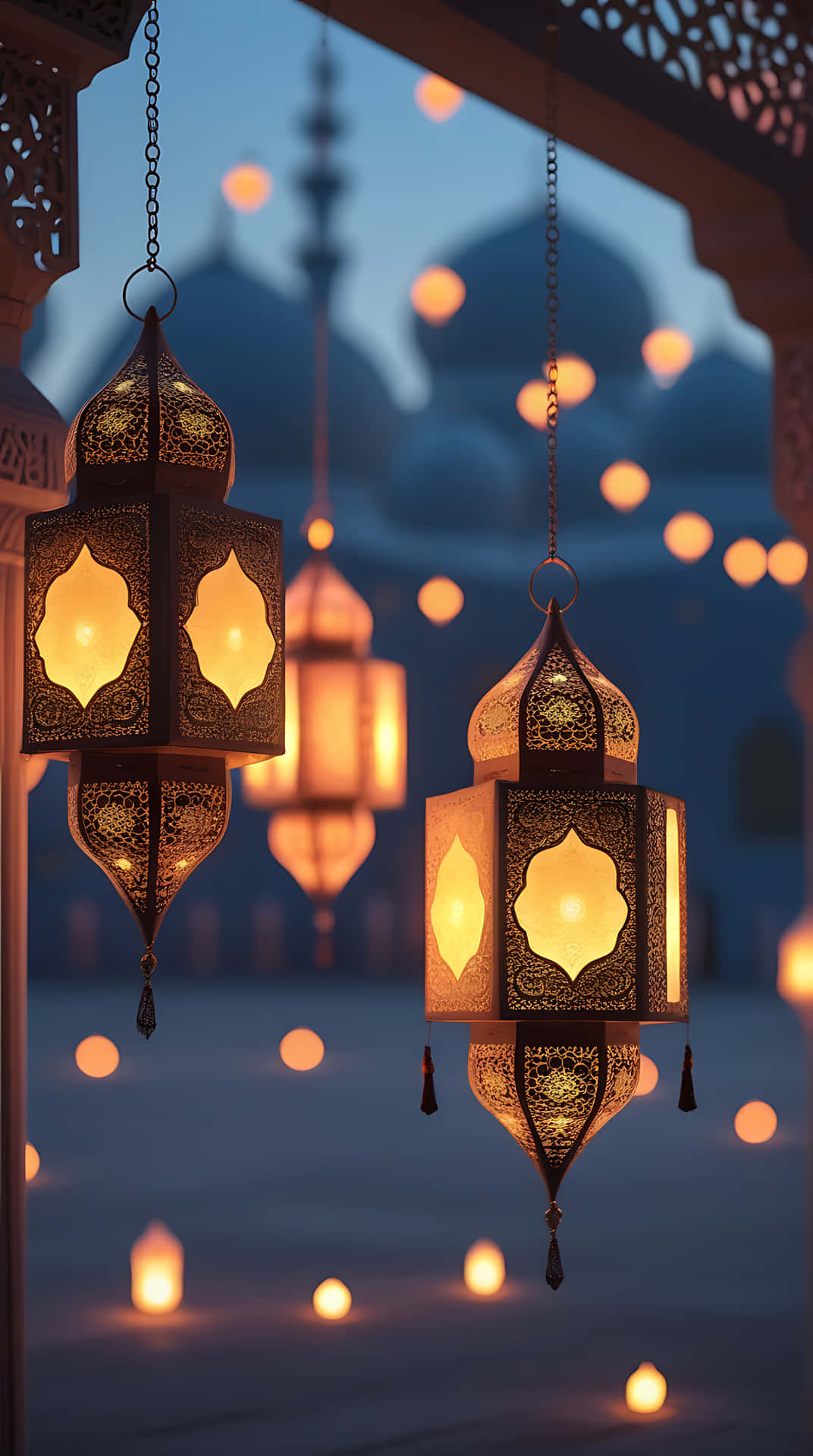 Illuminated Lanterns Celebrating Ramadan. smartphone wallpaper 壁紙 — 金色華麗燈籠在清真寺的暮色背景下溫暖地發光，清真寺有圓頂和宣禮塔。