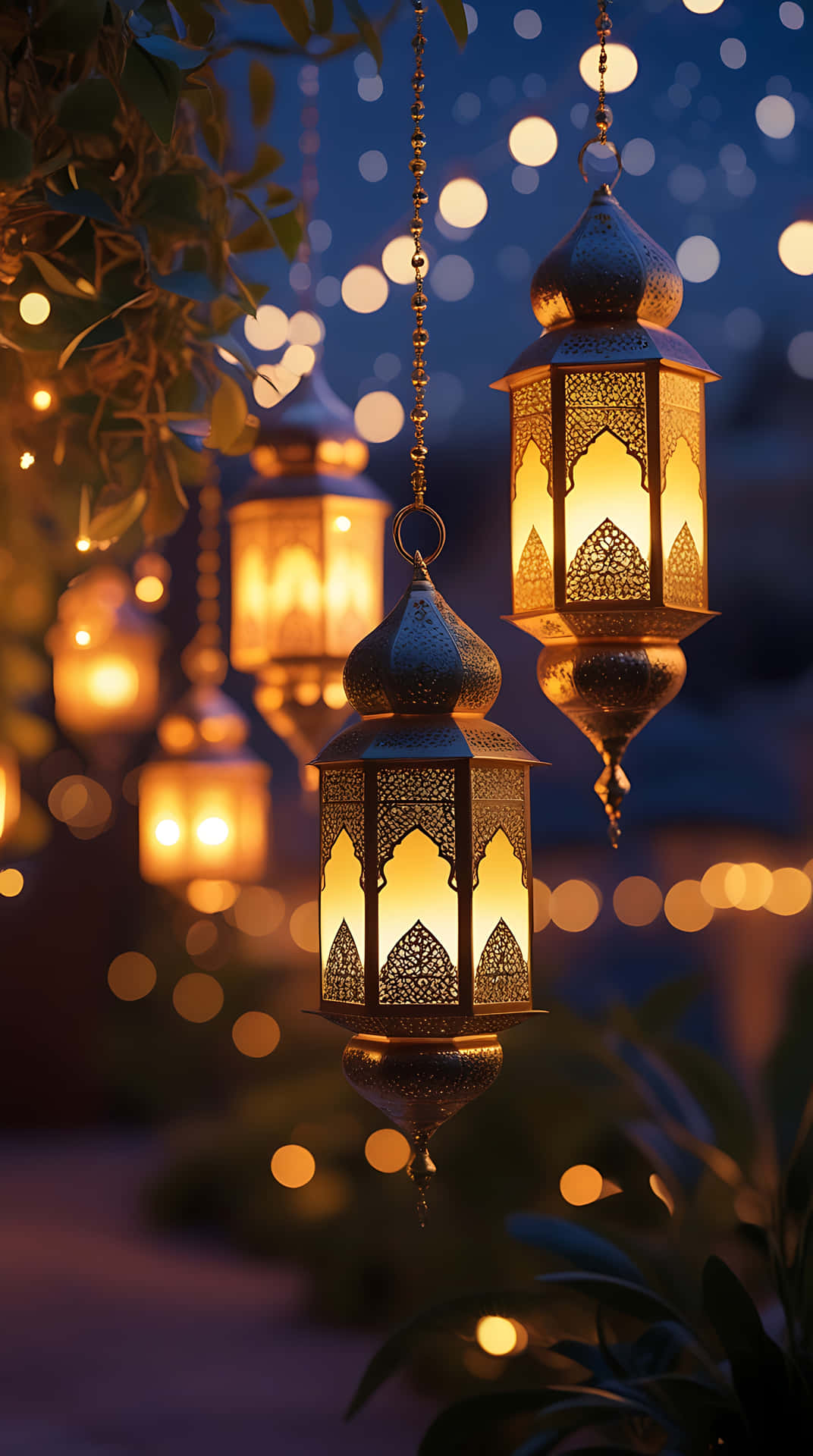 Warm Glow of Ramadan Lanterns in a Starry Evening. smartphone wallpaper 壁紙 — 金色華麗燈籠在點綴著柔和散景燈光和綠色樹葉的暮色天空中溫暖地發光。