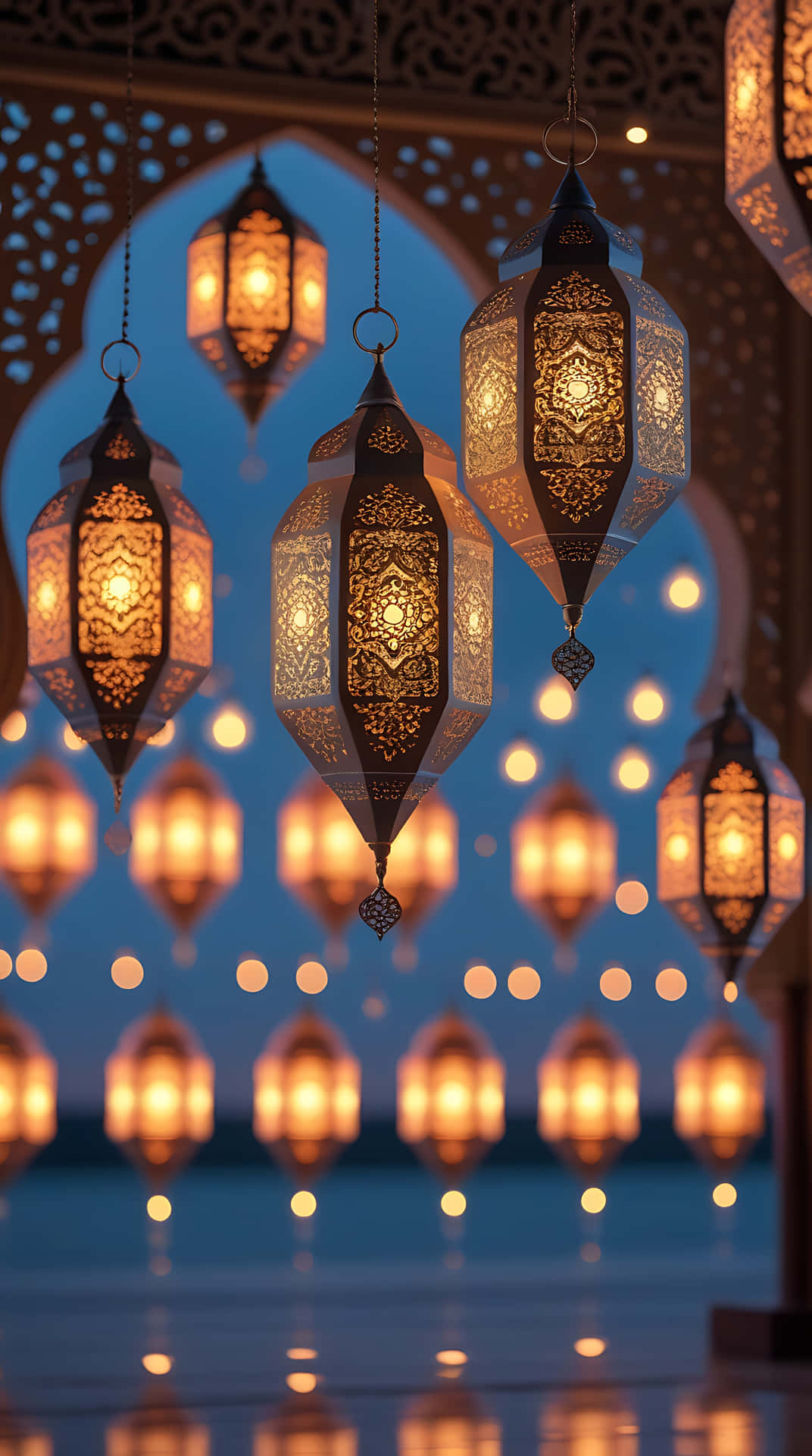 Illuminated Lanterns Celebrating Ramadan. smartphone wallpaper 壁紙 — 金色華麗燈籠懸掛在暮色藍天下，散景燈光倒映在下方水面上。