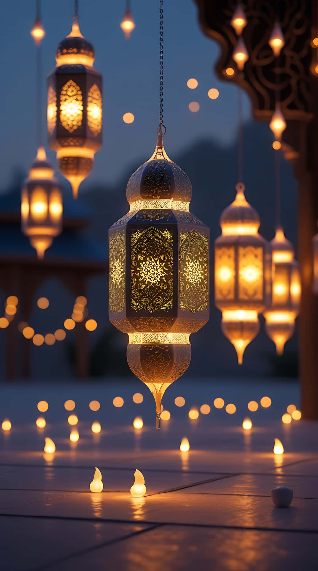 Illuminated Lanterns Celebrating Ramadan. smartphone wallpaper 壁紙 — 金色華麗燈籠懸掛著，在暮色天空下投射出溫暖的光芒，地面散落著蠟燭。