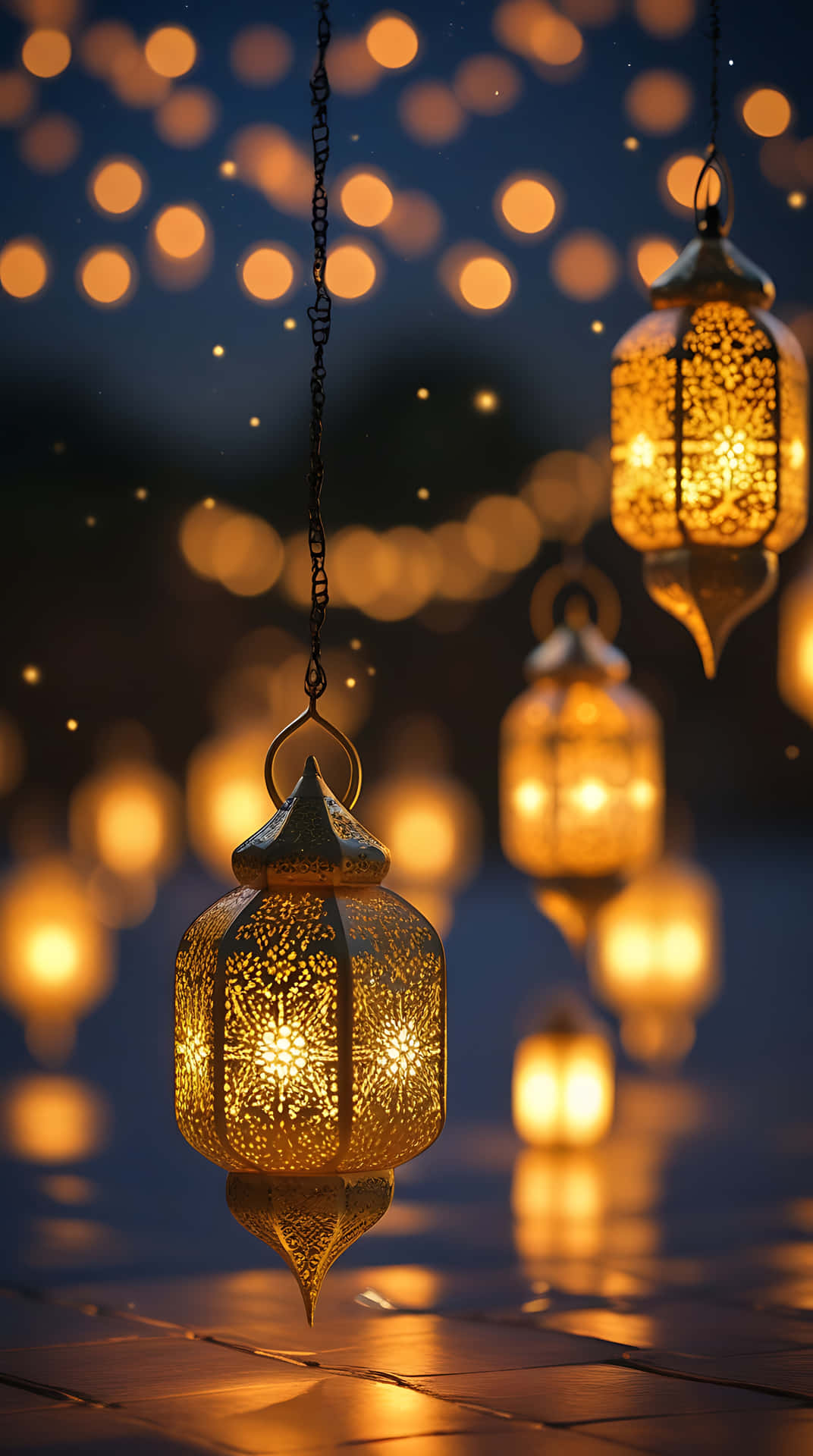 Golden Lantern Glow with Ramadan Kareem Greetings. smartphone wallpaper 壁紙 — 金色華麗燈籠懸掛著，在深藍色散景背景上投射出溫暖的光芒。