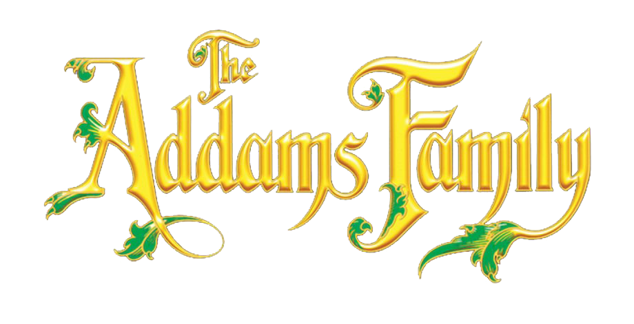 阿達一族 桌布 壁紙 — 金色華麗的 The Addams Family 標誌，帶有綠色樹葉裝飾，白色背景。