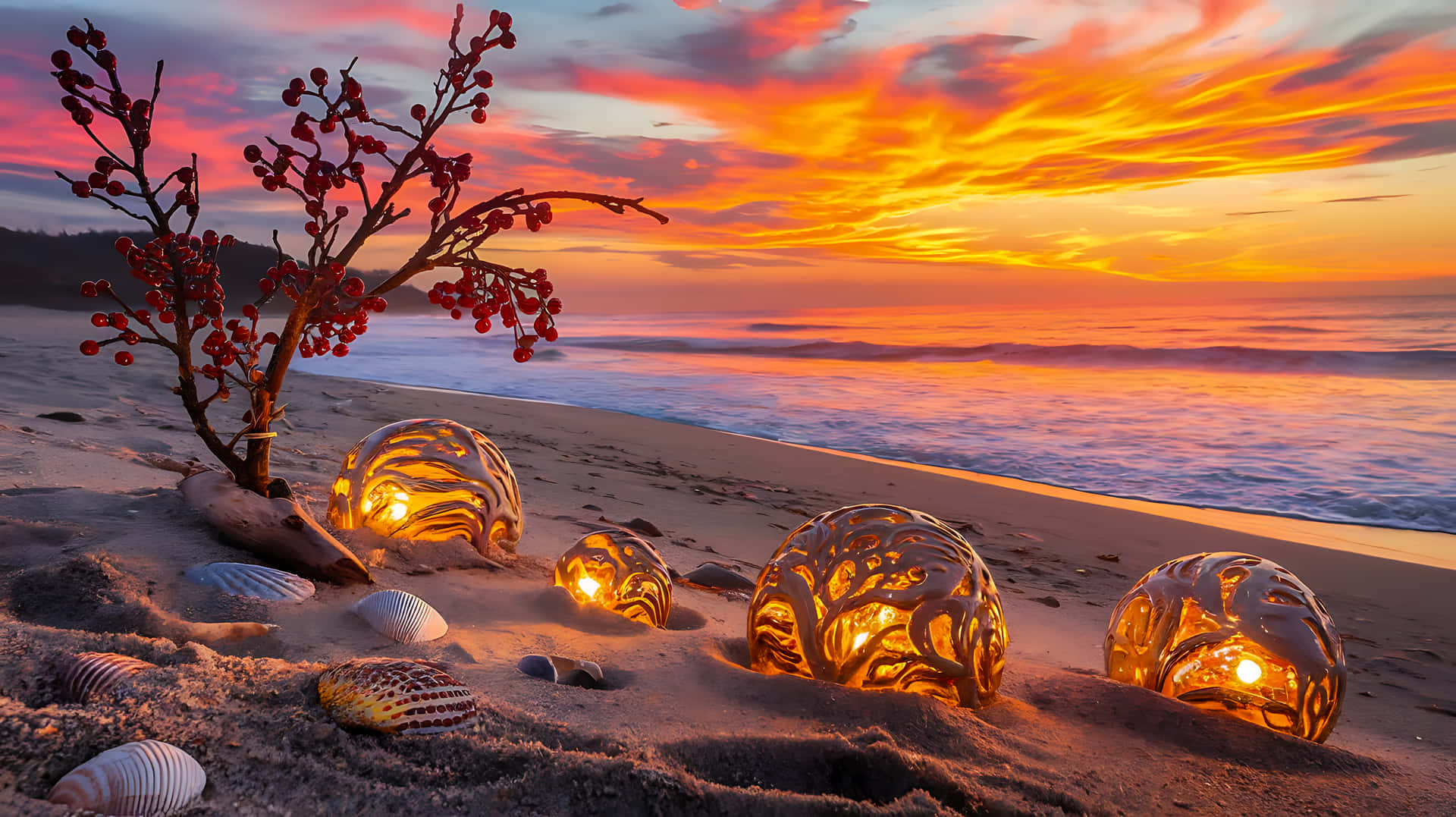 Decorative lights and berries on a beach at sunset 壁紙 — 金色華麗的燈籠在沙灘上溫暖地發光，旁邊是掛滿漿果的樹枝，熾熱的夕陽描繪著天空和海洋。