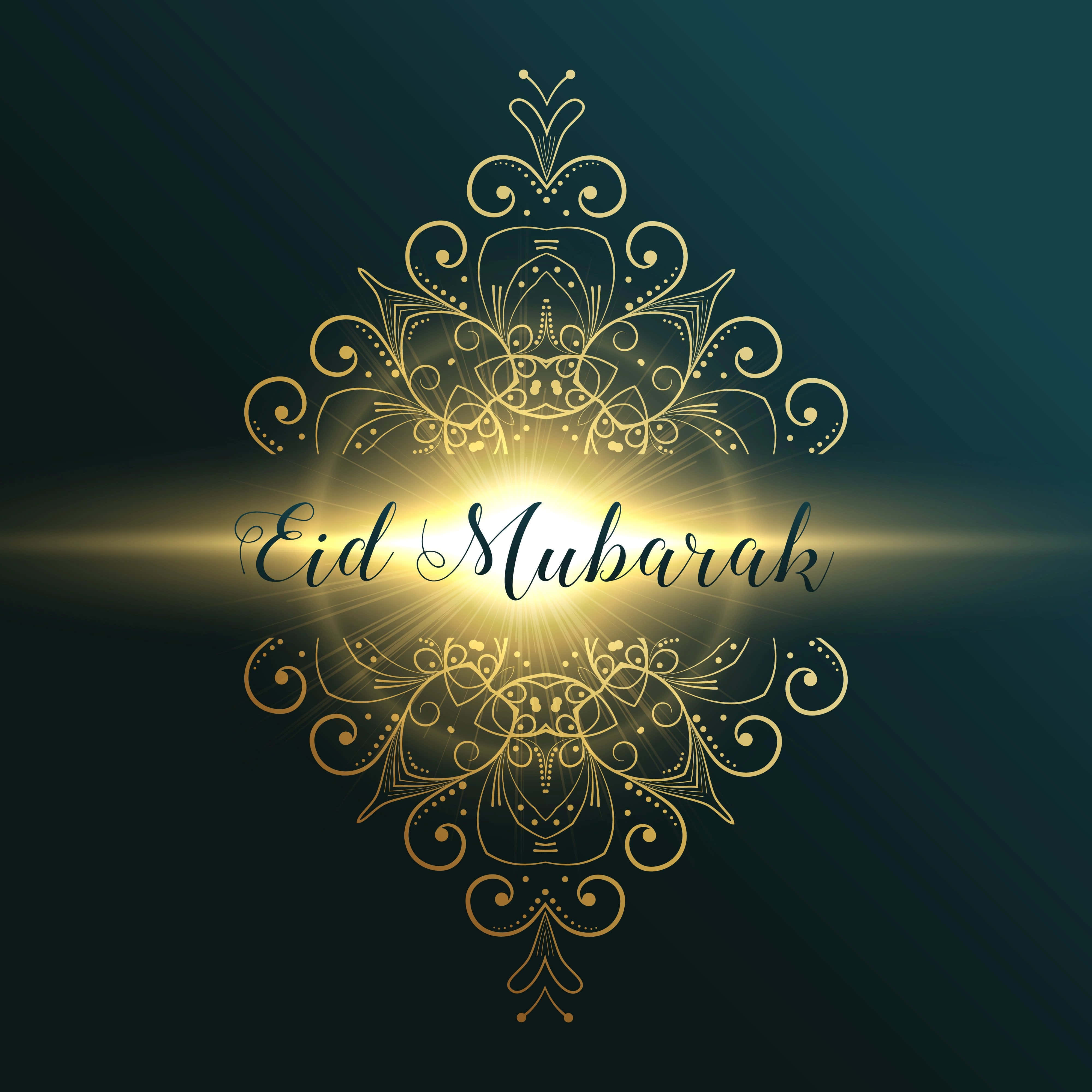 Eid 桌布 壁紙 — 金色華麗花卉設計在深青色背景上，圍繞優雅的Eid Mubarak字樣散發光芒。