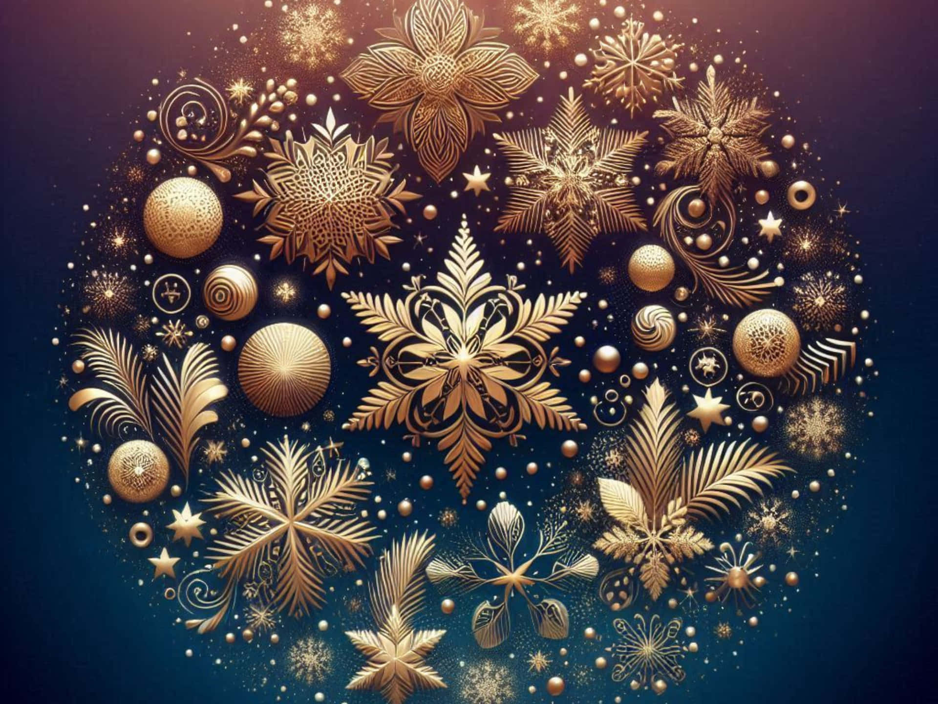 Festive winter background with stylized golden snowflakes on midnight blue backdrop. 壁紙 — 金色華麗雪花和裝飾球漂浮在深藍色漸變背景上，帶有閃爍的粒子。