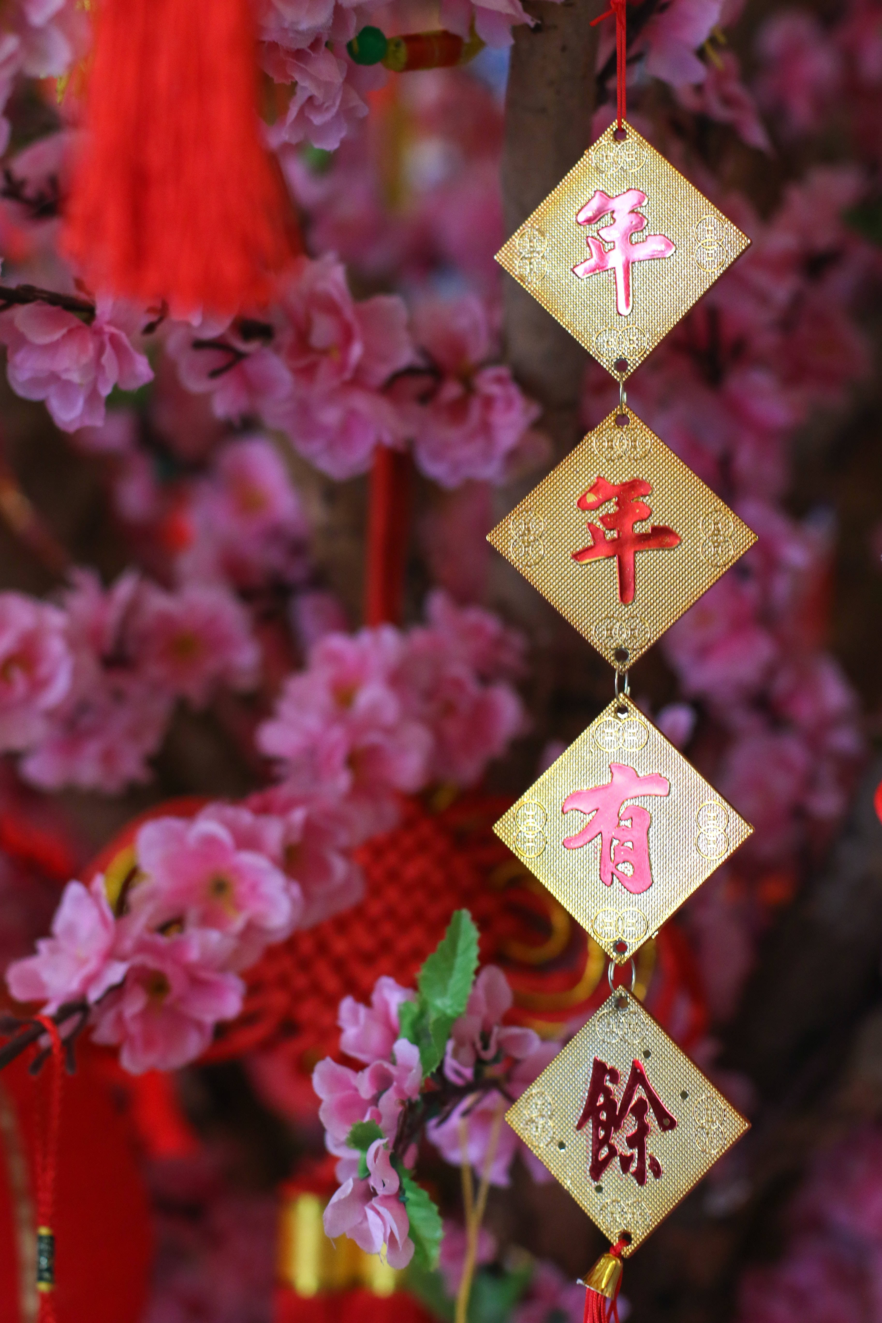 春節 桌布 壁紙 — 金色菱形中國新年飾物，帶有粉紅色字符，懸掛在柔和的粉紅色花朵和紅色流蘇的背景前。