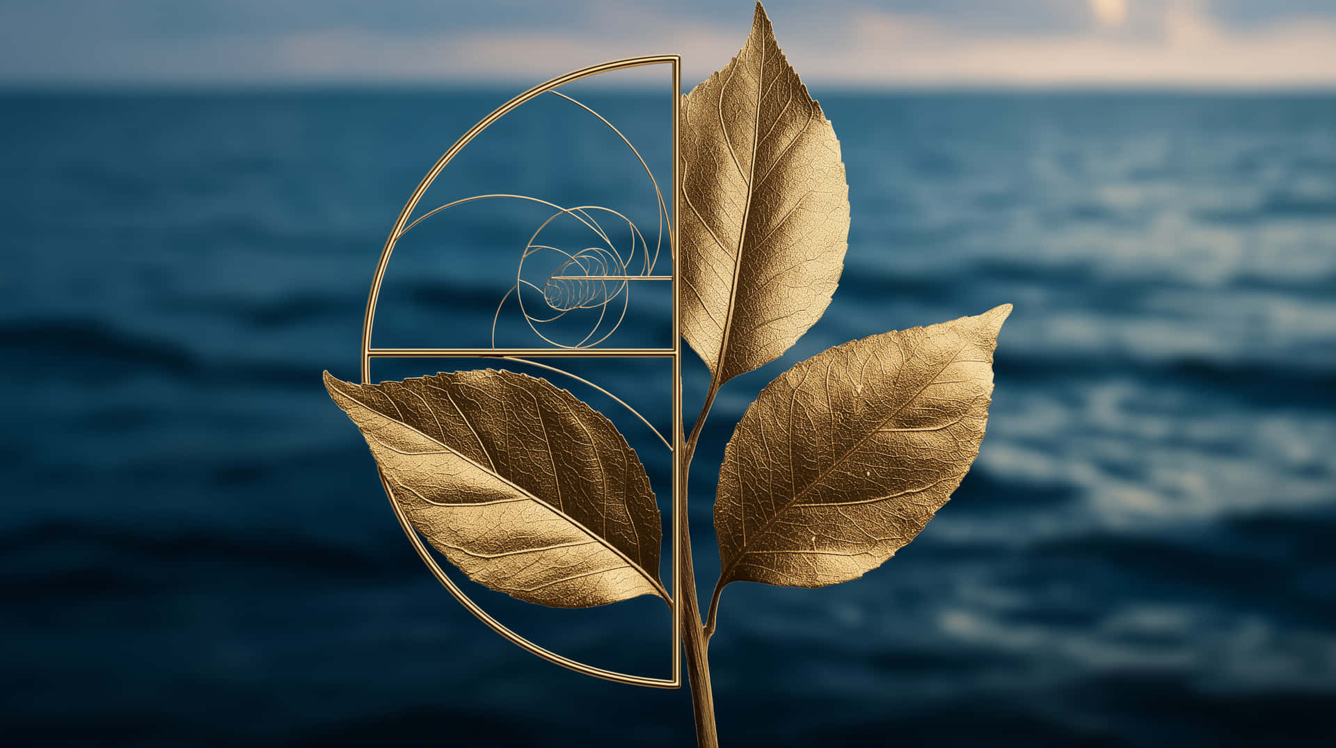 Golden Ratio Illustration on Leaf with Cosmic Water Backdrop 壁紙 — 金色葉片植物配上費波那契螺旋疊加，映襯模糊的海洋背景。