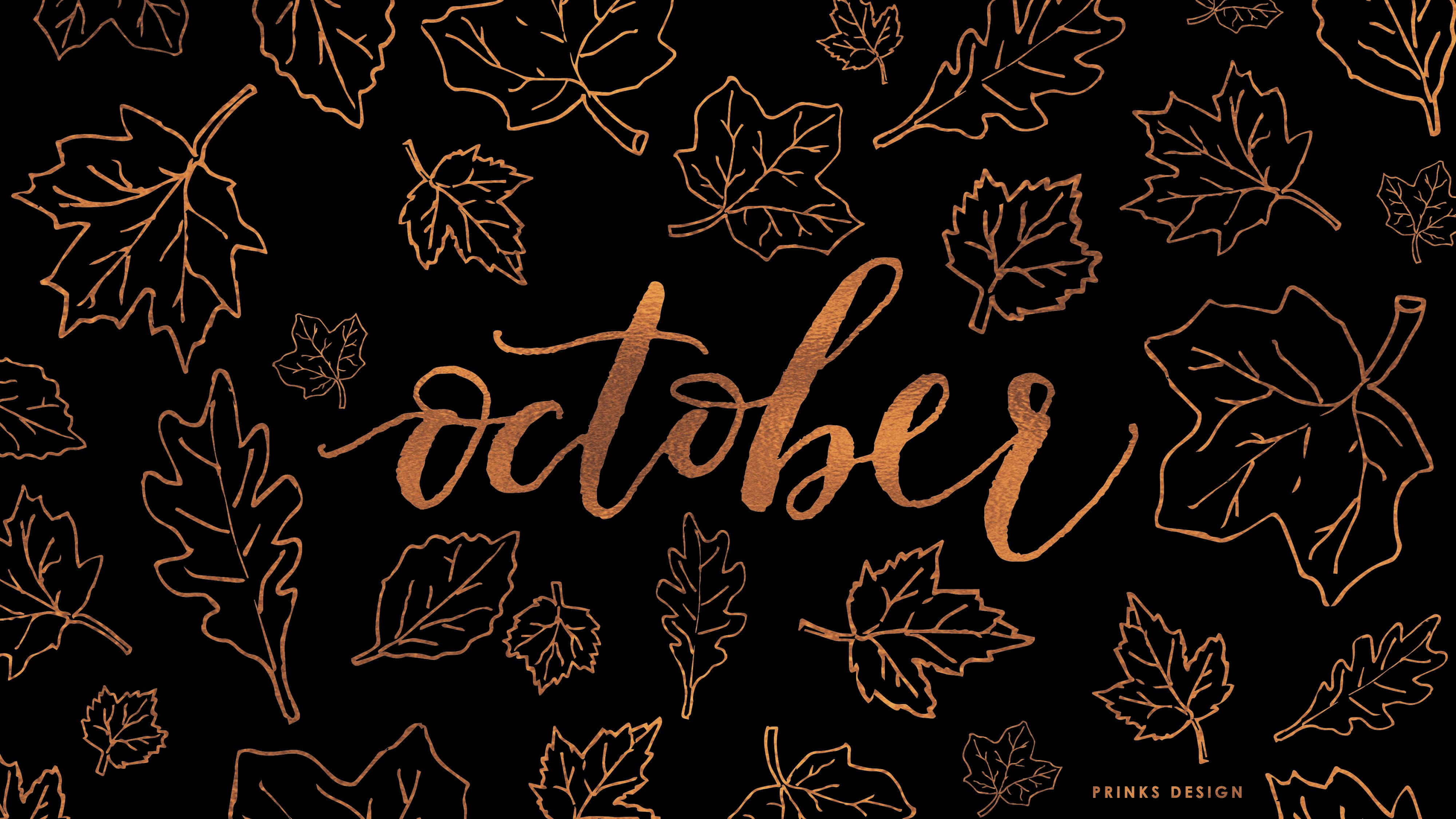 October 桌布 壁紙 — 金色葉片輪廓和草書十月文字在黑色背景上發光，營造節日秋季設計。