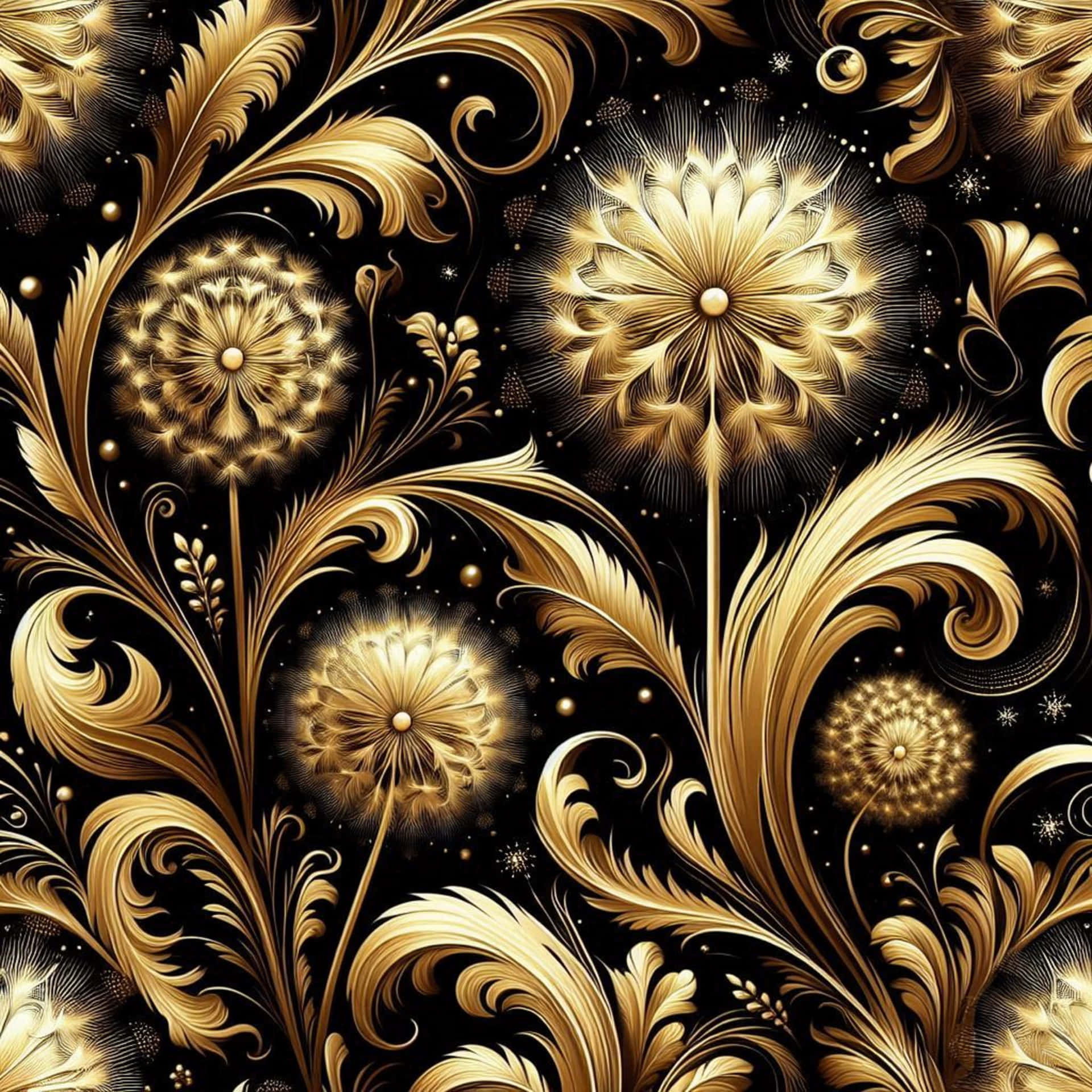 Various dandelions pattern luxury dark background, 壁紙 — 金色蒲公英和華麗的葉子在繁星點點的黑色背景上閃耀，呈現複雜的巴洛克風格。