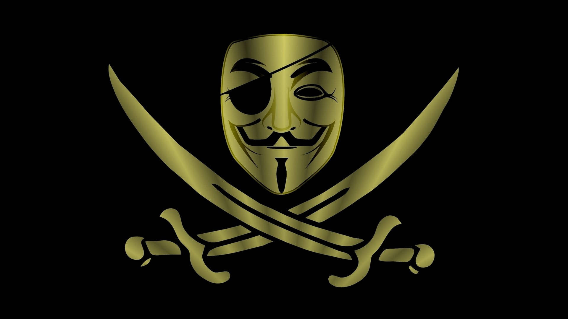 hacker desktop 桌布 壁紙 — 金色蓋伊·福克斯面具居中放置於交叉劍之上，背景為黑色。
