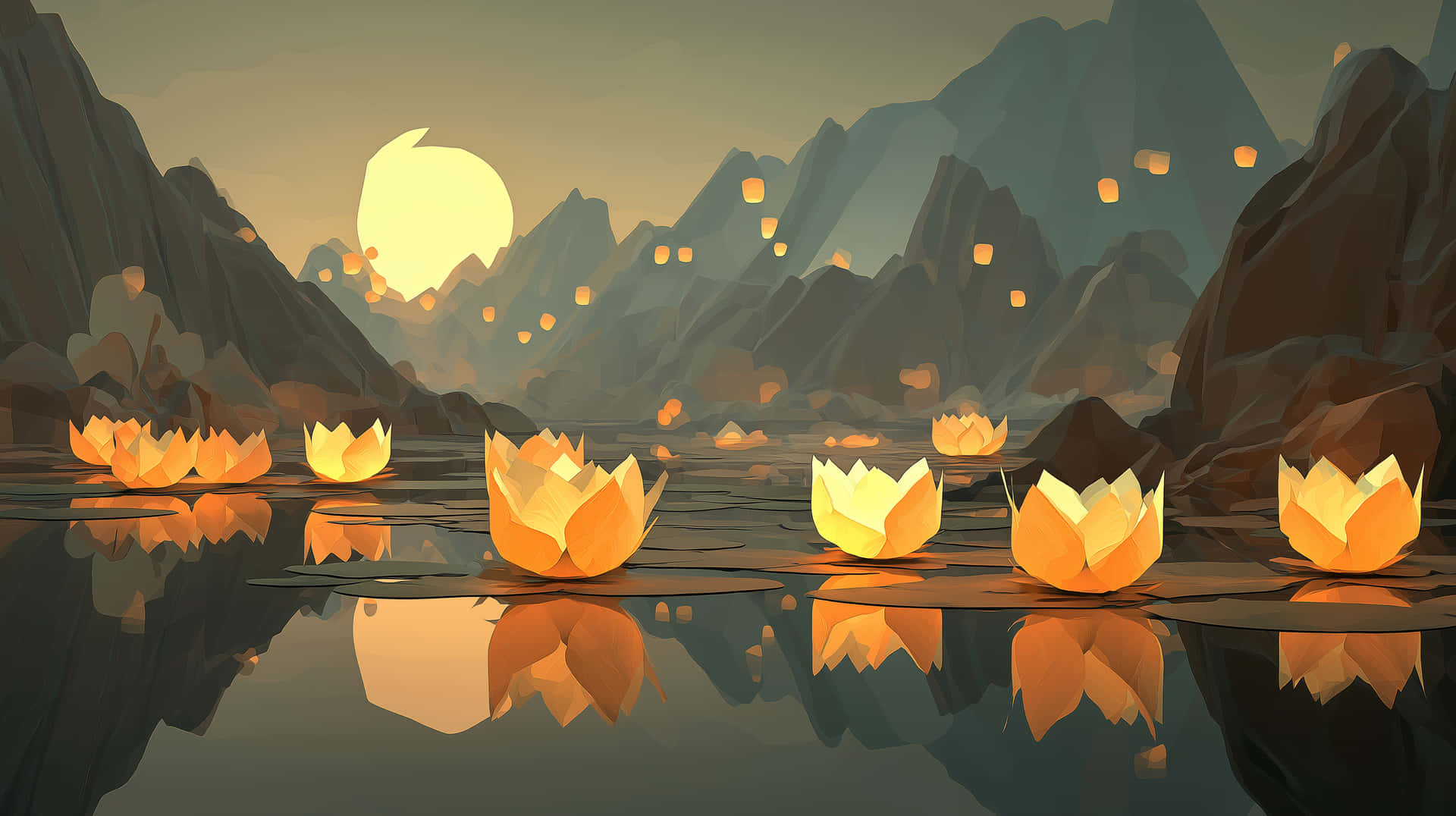 A glowing moon, lotus flowers floating on the water 壁紙 — 金色蓮花在平靜的水面上靜靜漂浮，水面映照著發光的太陽和遠山。