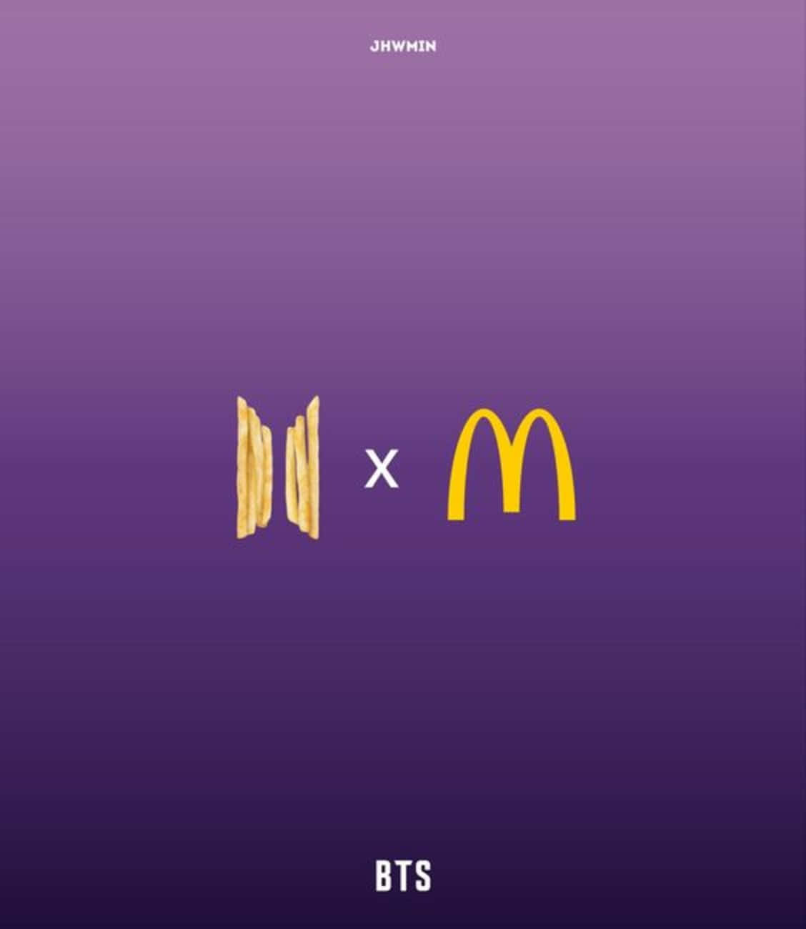 Bts Mac 桌布 壁紙 — 金色薯條和麥當勞標誌居中於紫色漸變背景上，並帶有BTS和JHWMIN文字。
