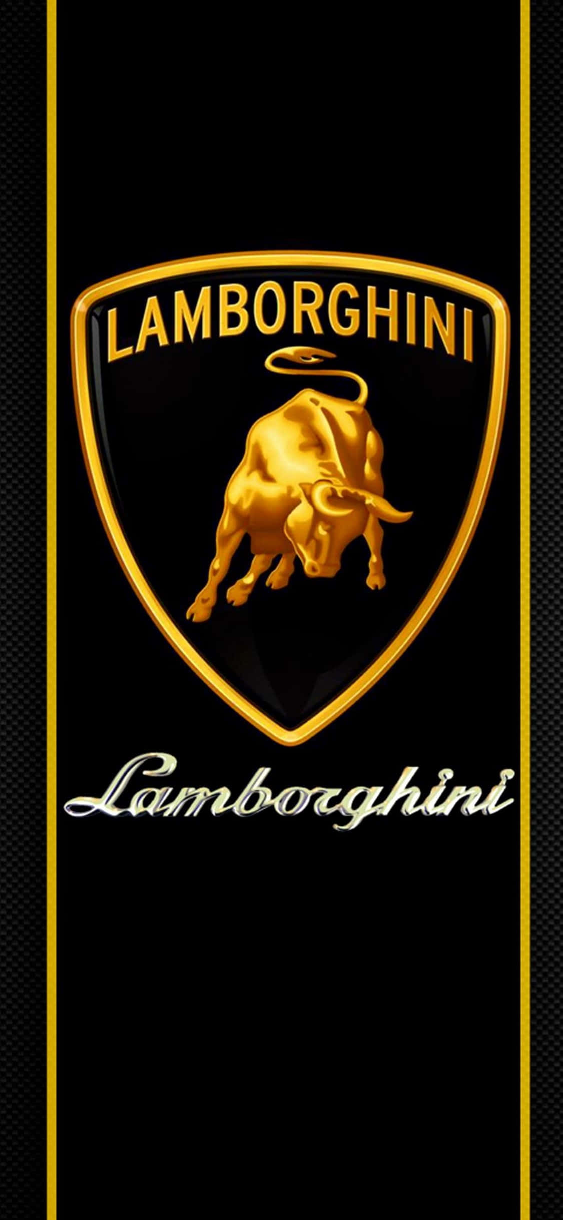 iPhone X Lamborghini 桌布 壁紙 — 金色藍寶堅尼公牛標誌在光滑黑色背景上閃耀，並以細金條紋框住。