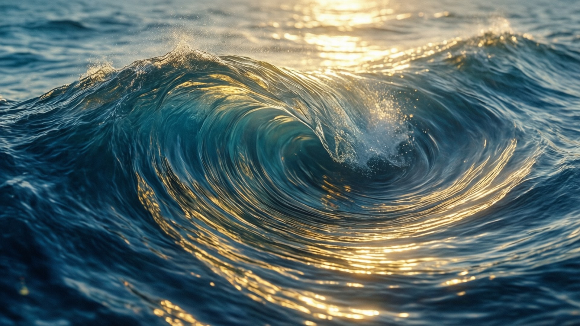 金色藍色抽象波浪 壁紙 — 一道強勁的海浪在金色陽光中翻捲，閃爍的水滴捕捉著光線。