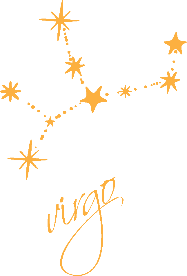 處女座 桌布 壁紙 — 金色處女座星座星星以虛線連接，黑色背景上帶有草書處女座文字。