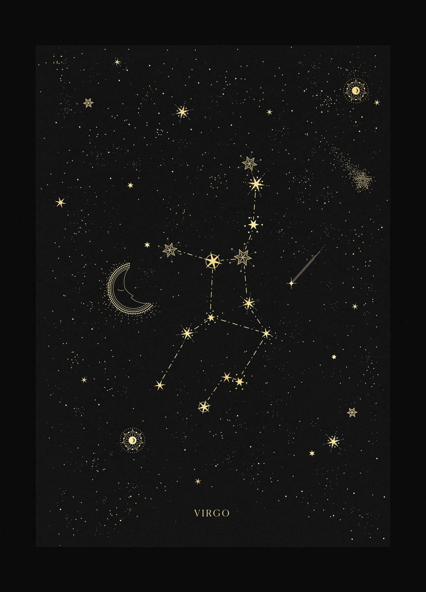 zodiac 桌布 壁紙 — 金色處女座星座的天體插圖，背景是繁星點點的黑色夜空，帶有新月和彗星。