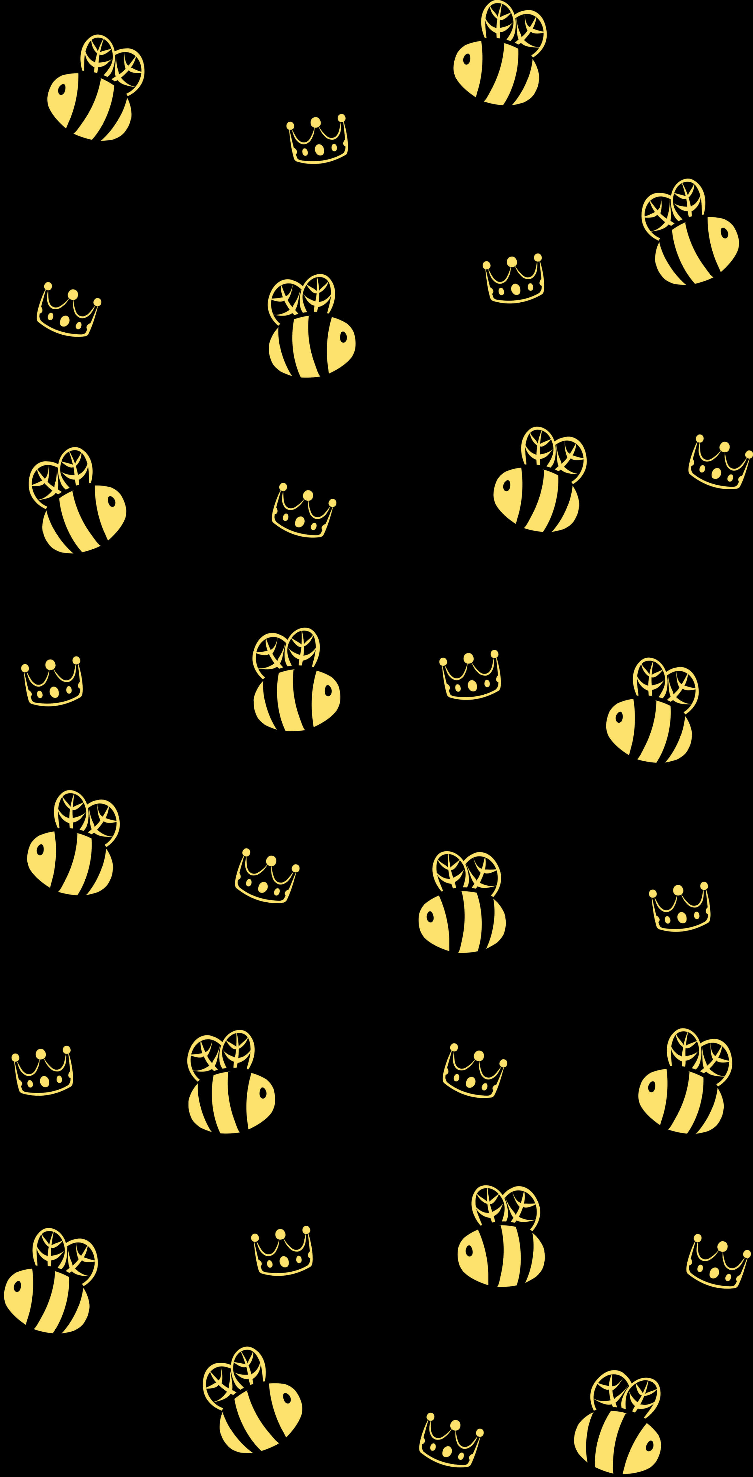 bees 桌布 壁紙 — 金色蜜蜂和皇冠在純黑色背景上以重複圖案漂浮。