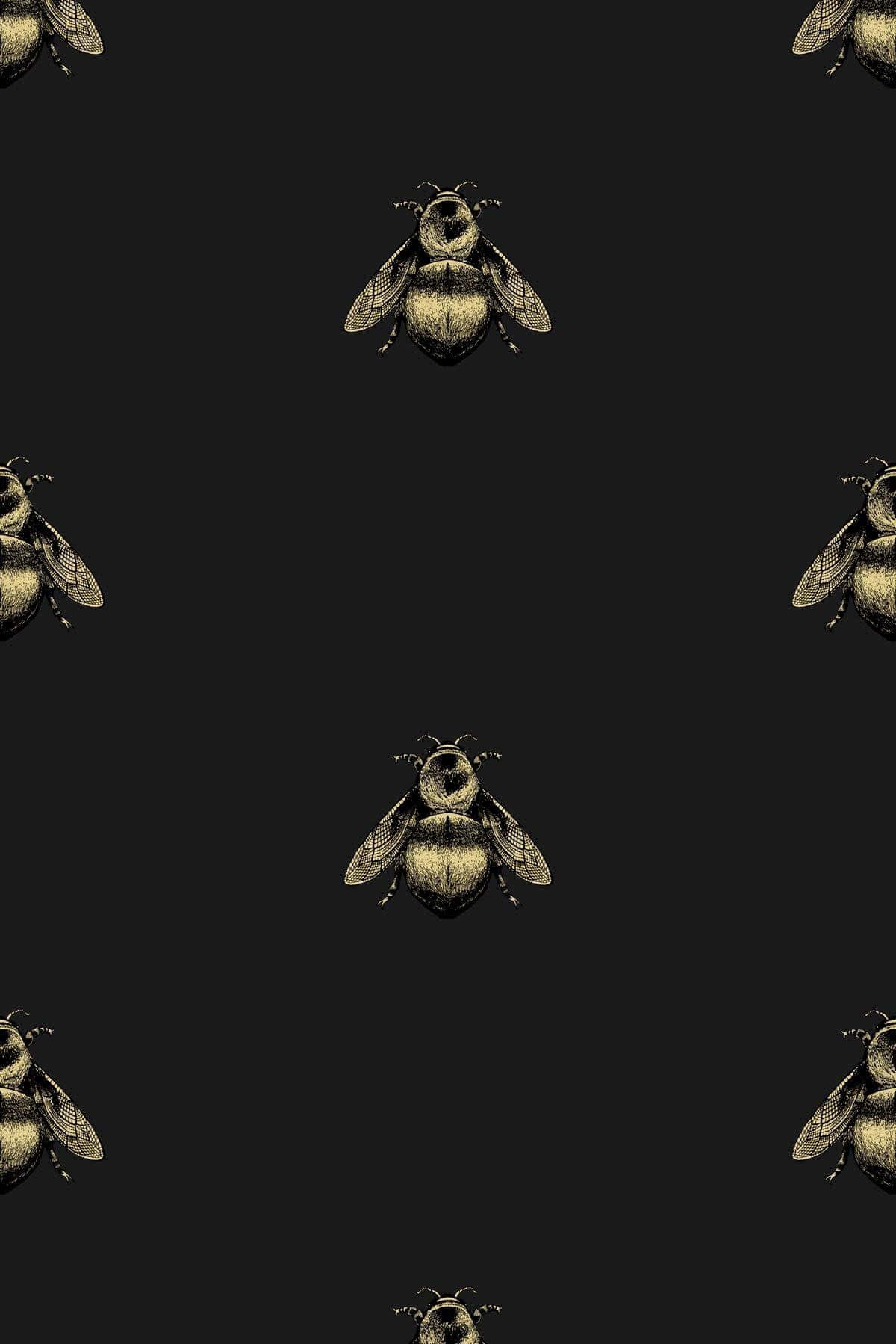 bees 桌布 壁紙 — 金色蜜蜂在深黑色背景上漂浮，形成帶有複雜細節的重複圖案。