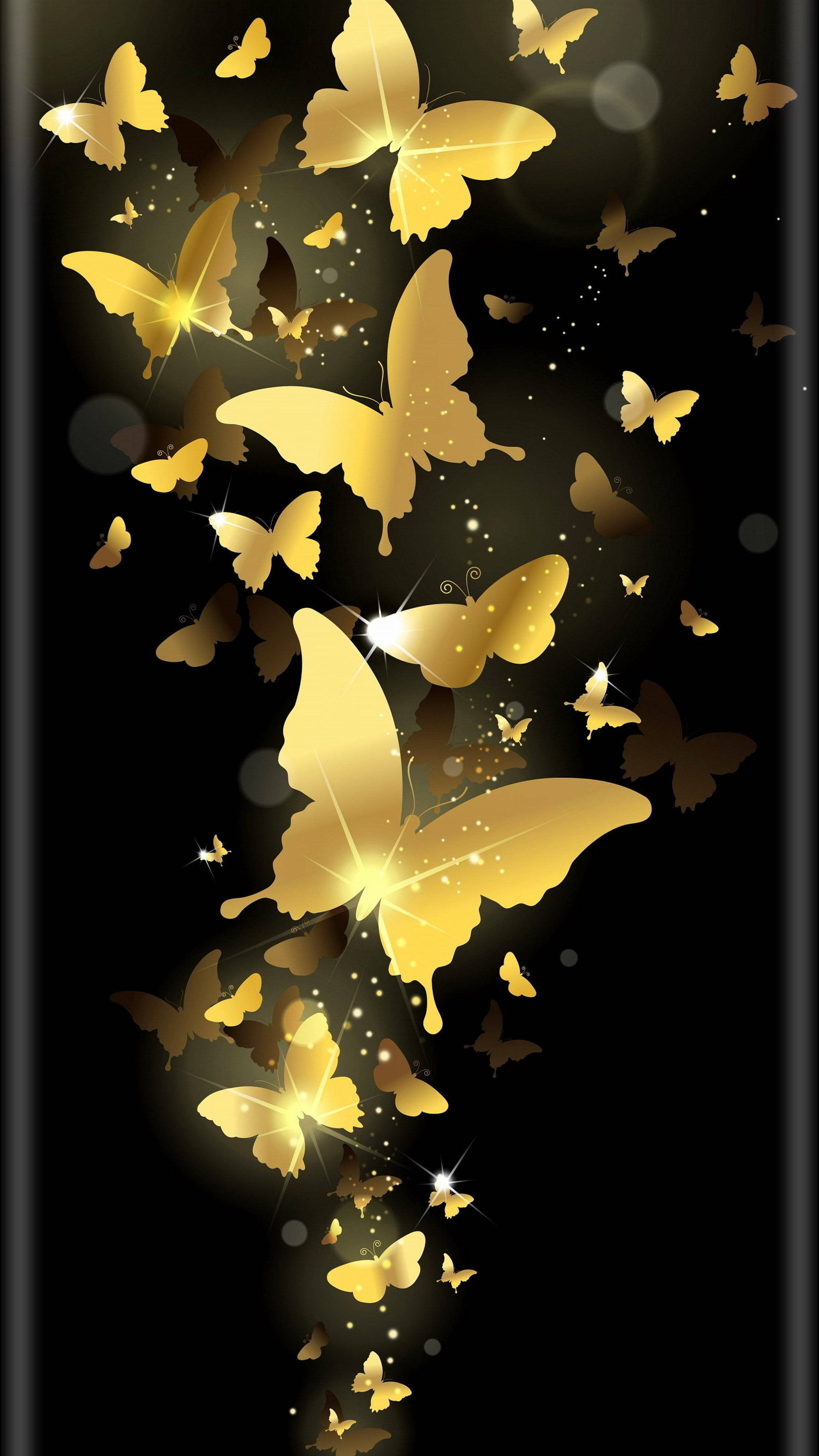 iPhone 美學 桌布 壁紙 — 金色蝴蝶帶有發光高光，在帶有閃爍粒子的深色背景上翩翩起舞。