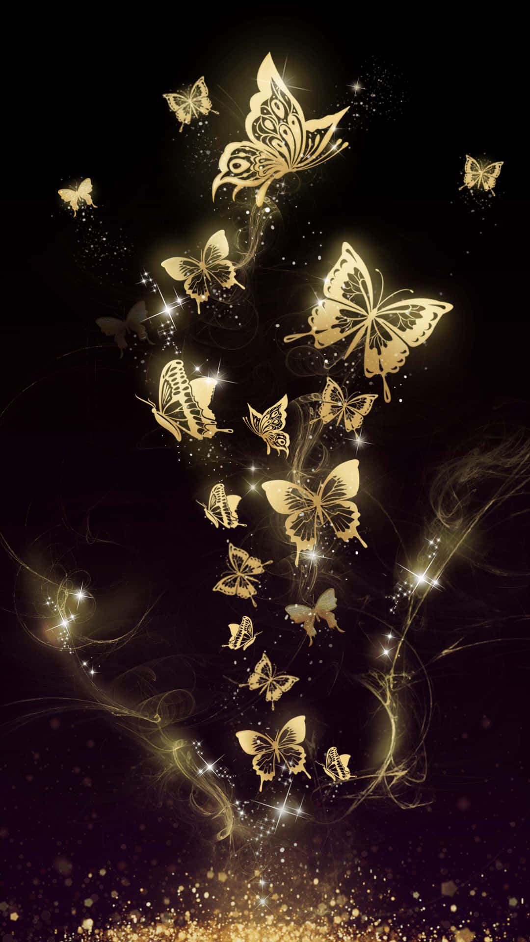 Glitter Butterfly 桌布 壁紙 — 金色蝴蝶帶有複雜圖案，在閃爍燈光和旋轉煙霧中翩翩起舞，背景為深色。