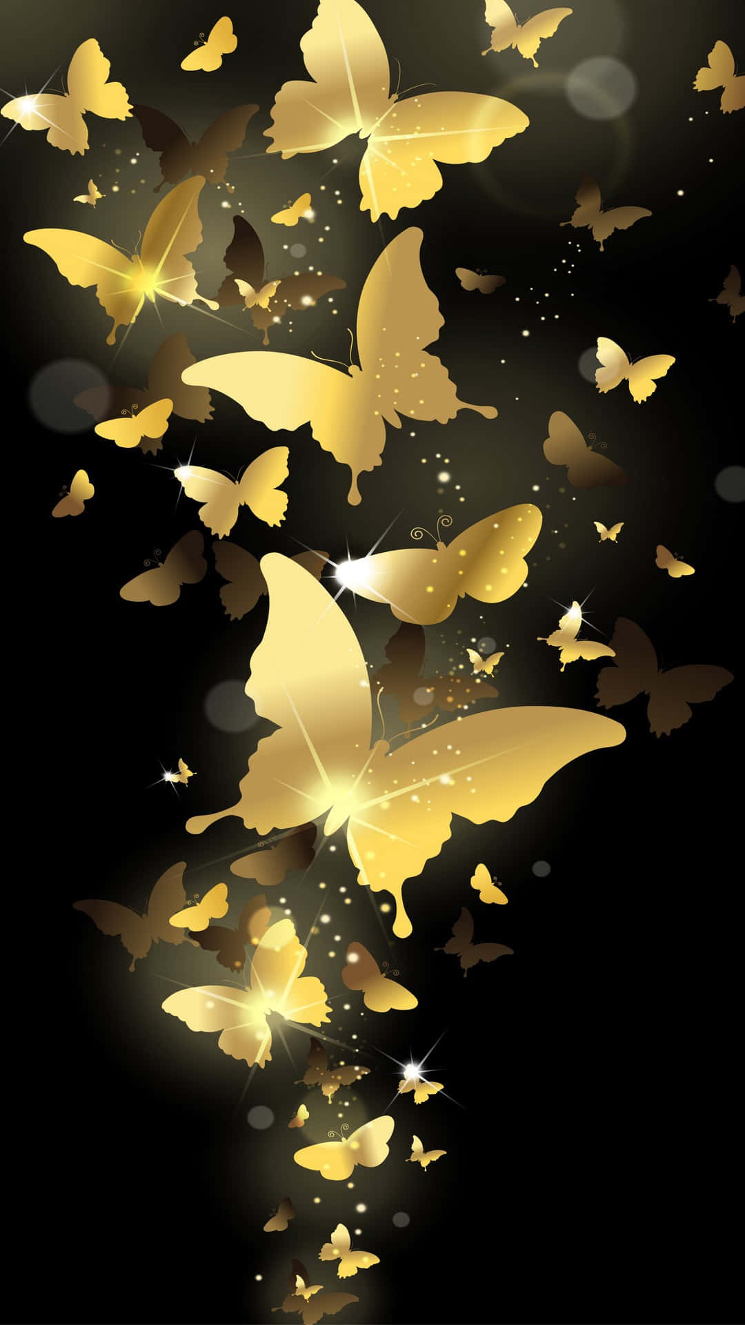 Butterflies 桌布 壁紙 — 金色蝴蝶閃爍著發光的高光，在灑滿閃爍粒子的黑暗背景上翩翩起舞。