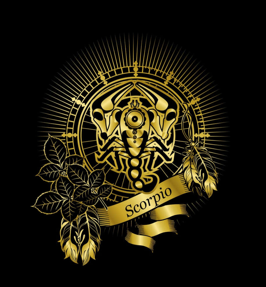 Scorpio 桌布 壁紙 — 金色蠍子徽章，細節精緻，光芒四射的太陽光線設計，置於黑色背景上。