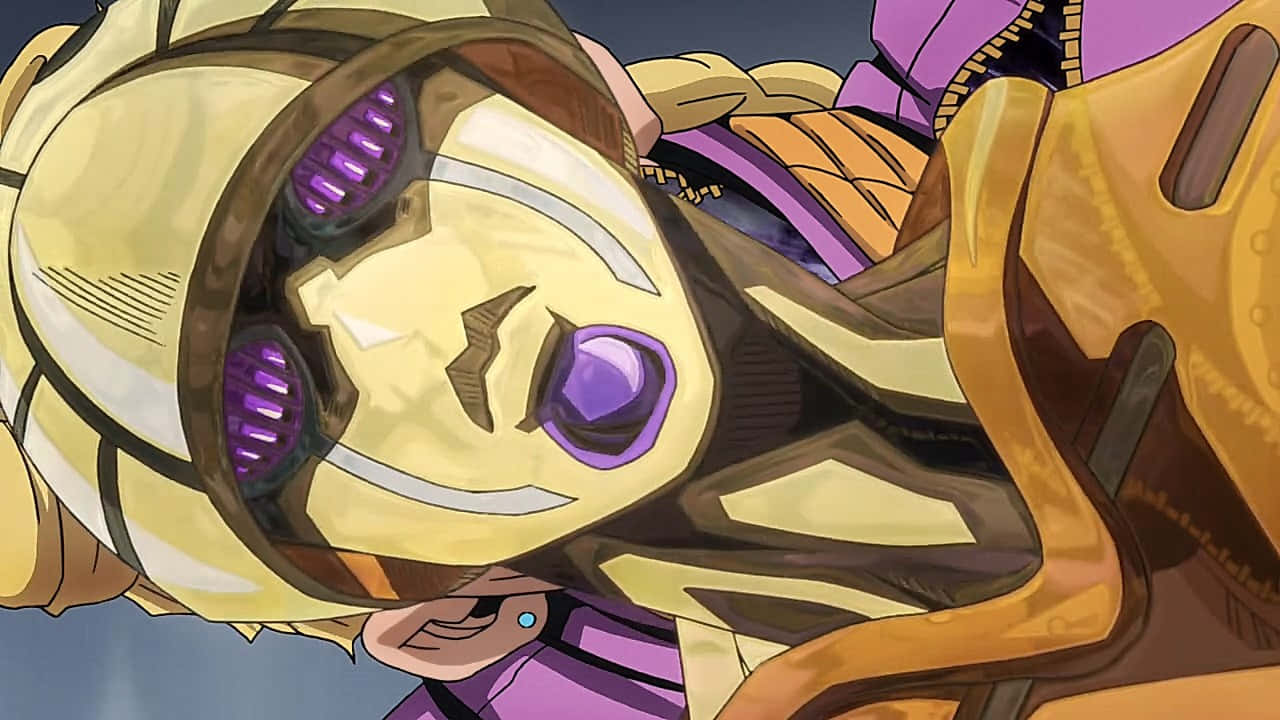 Gold Experience Jojo 桌布 壁紙 — 金色裝甲動漫角色的特寫，帶有發光的紫色眼睛和自信的笑容。