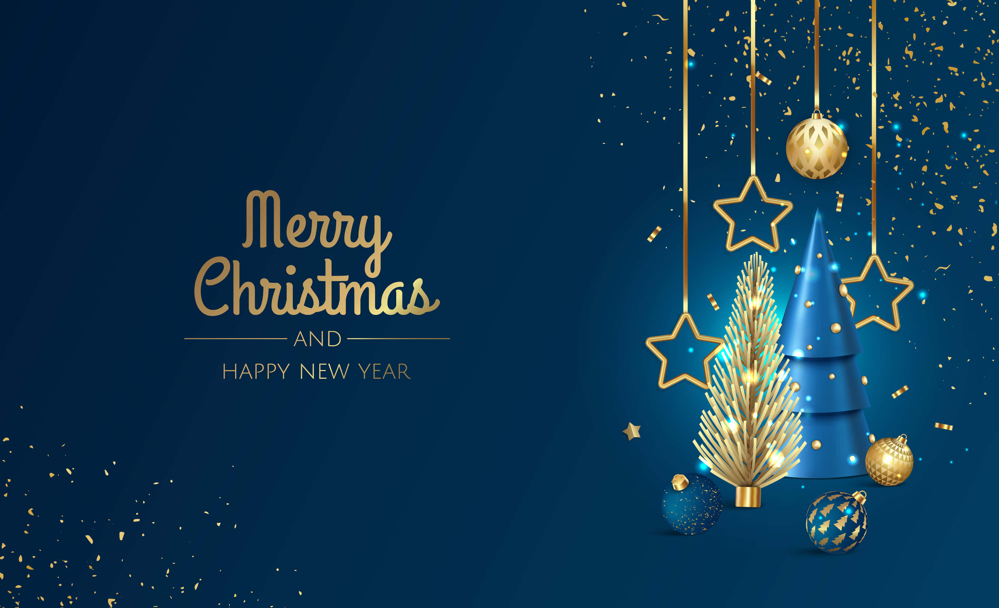 Festive 桌布 壁紙 — 金色裝飾品和星星懸掛在藍色和金色的聖誕樹上方，背景為深藍色，帶有節日文字。