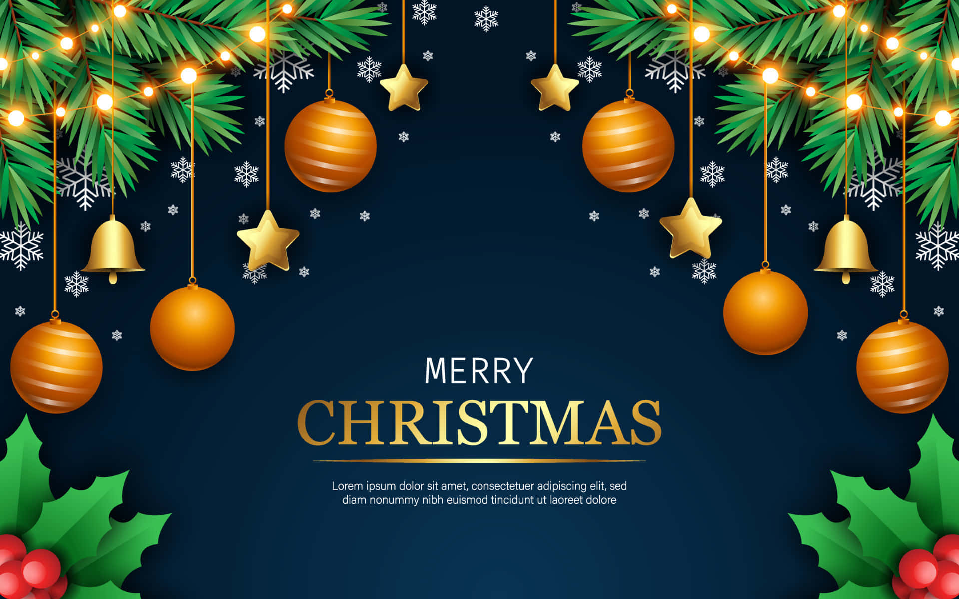 High Resolution Christmas 桌布 壁紙 — 金色裝飾鐘和點綴燈光的松樹枝條環繞著深藍色聖誕祝福。