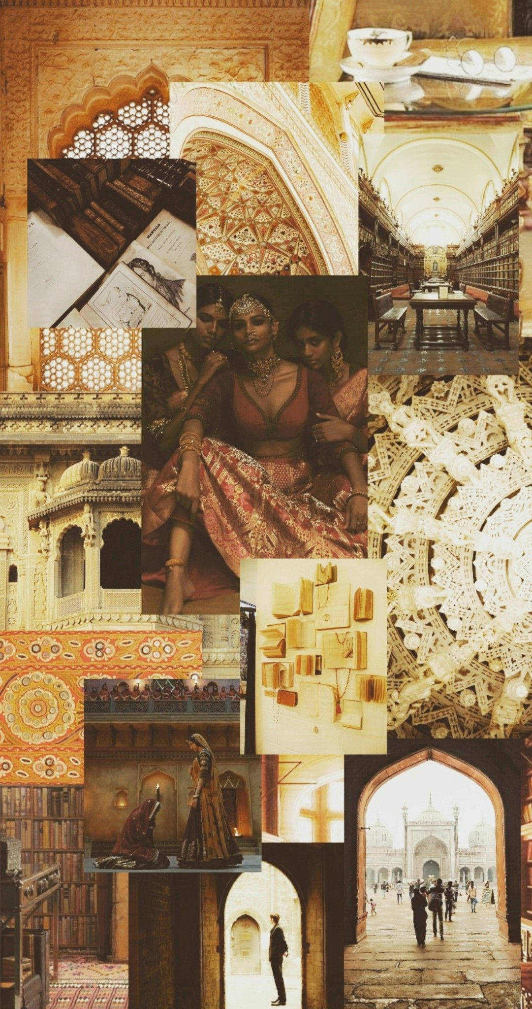 Indian 桌布 壁紙 — 金色調的印度建築拼貼畫，包含複雜圖案和歷史場景，包括拱形門口、華麗天花板和穿著傳統服飾的人物。