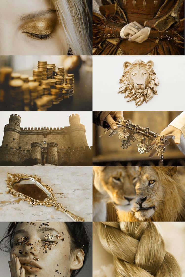 Leo Aesthetic 桌布 壁紙 — 金色調的拼貼畫，特寫眼睛、頭髮、獅子、城堡、硬幣和華麗物品，營造奢華與皇室氣息。