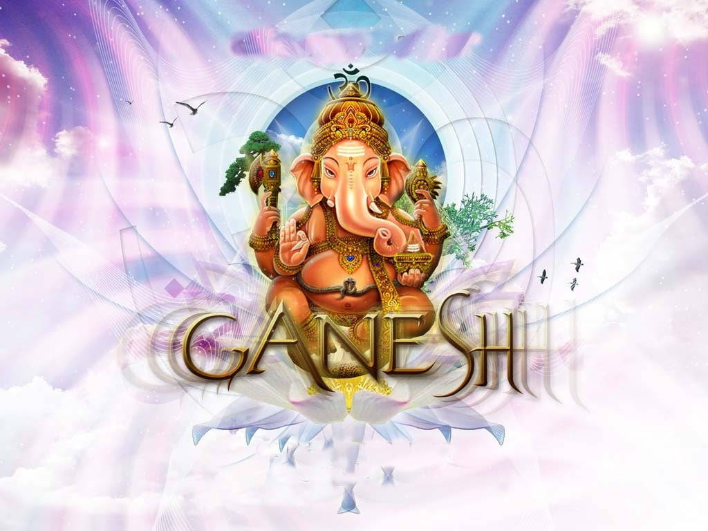 Ganesh 桌布 壁紙 — 金色象神在旋轉的紫色和藍色宇宙雲層與飛鳥中散發神聖能量。