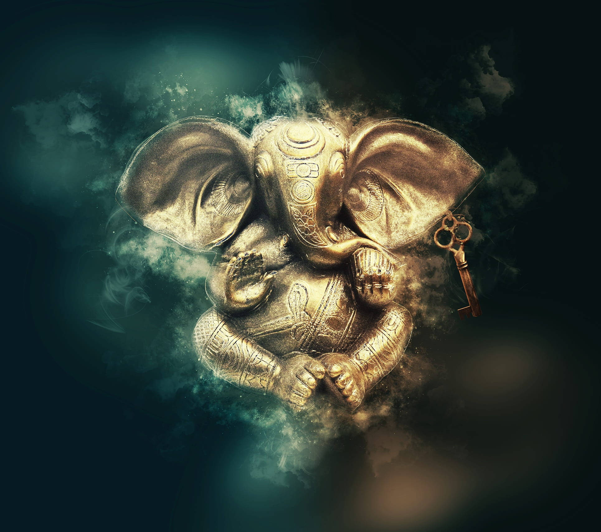 Digital 桌布 壁紙 — 金色象神雕像從旋轉的青色煙霧中出現，手持華麗鑰匙，背景為黑暗神秘。