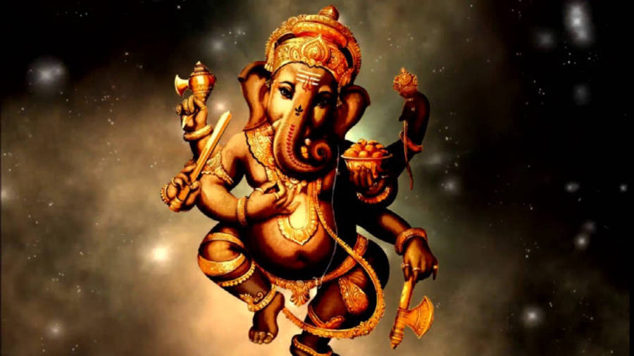 Hindu God 桌布 壁紙 — 金色象頭神像手持斧頭和碗，背景是星空宇宙。