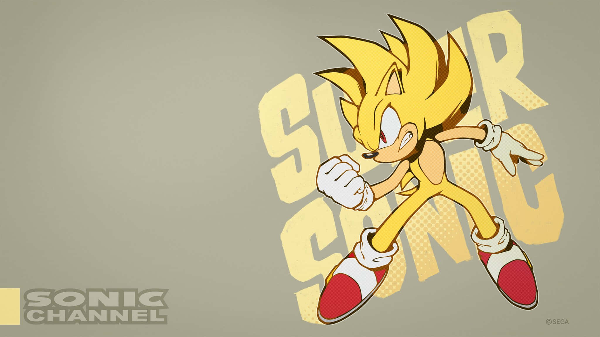 Super Sonic 桌布 壁紙 — 金色超級索尼克在柔和的米色背景上，以動態運動線條向前衝刺，並帶有粗體黃色文字。