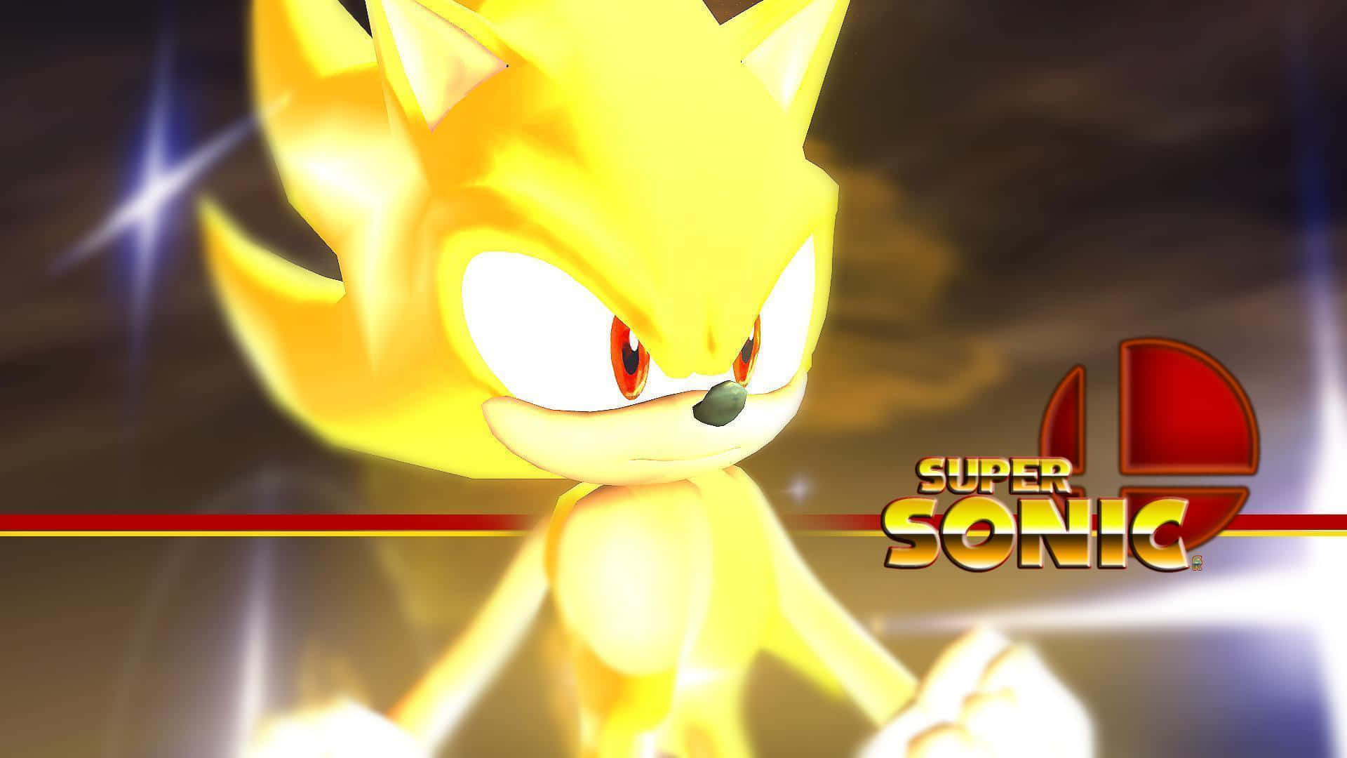 Super Sonic 桌布 壁紙 — 金色超級索尼克在發光的宇宙背景下英勇站立，散發出耀眼的光效。