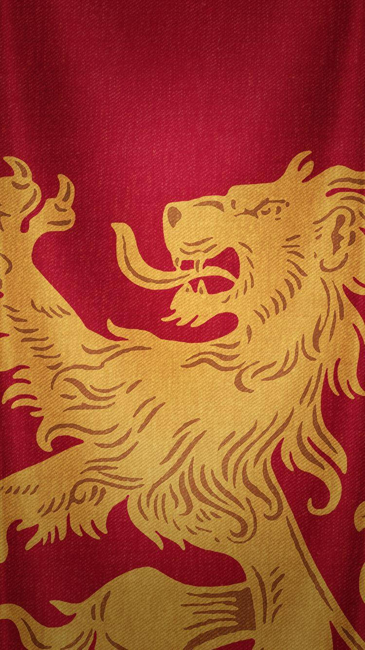 葛來分多 桌布 壁紙 — 金色躍立獅子徽章，位於深紅色紋理布料上，線條精細，色彩對比豐富。