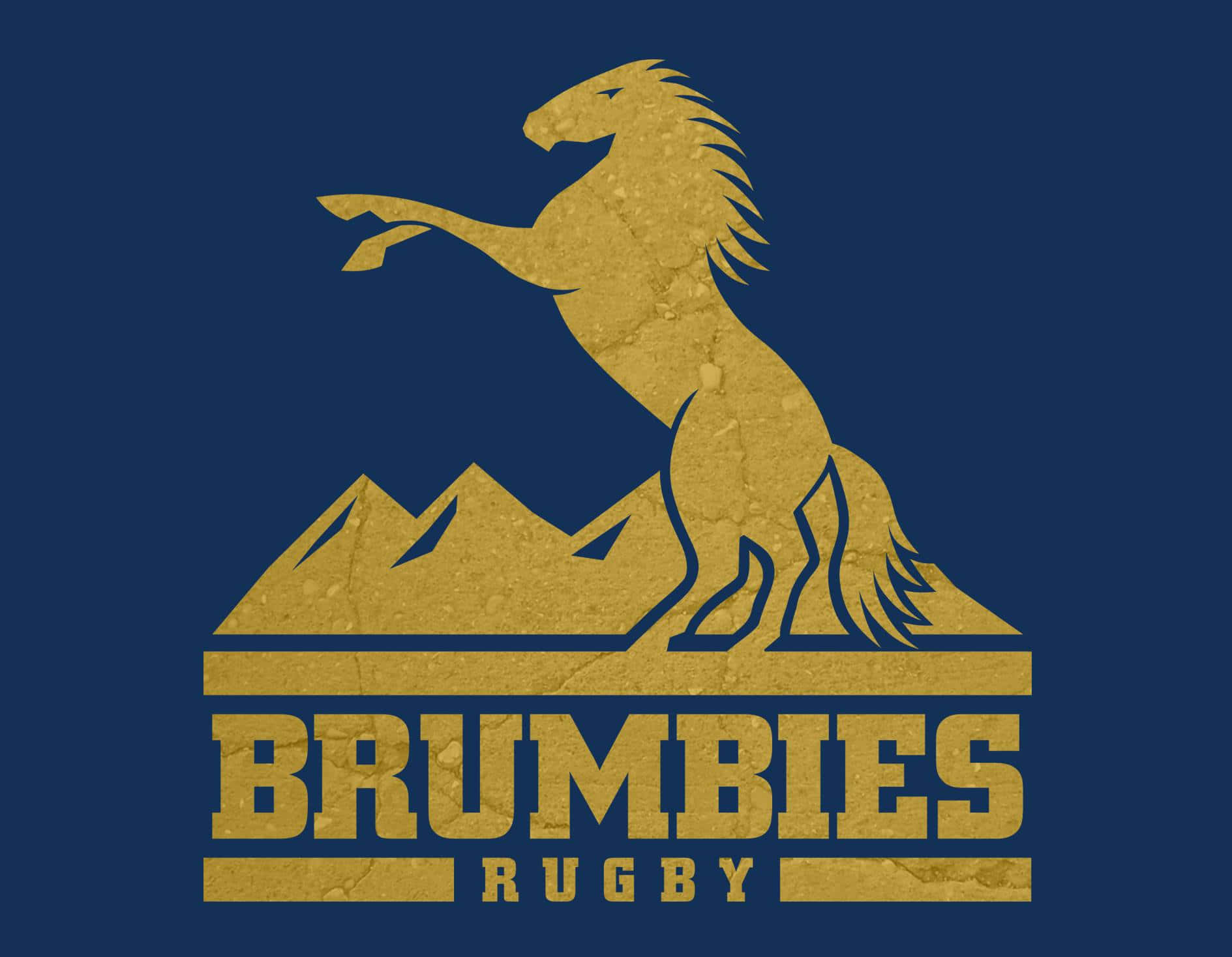 Brumbies 桌布 壁紙 — 金色躍立馬標誌置於山脈之上，海軍藍背景上寫有「BRUMBIES RUGBY」文字。