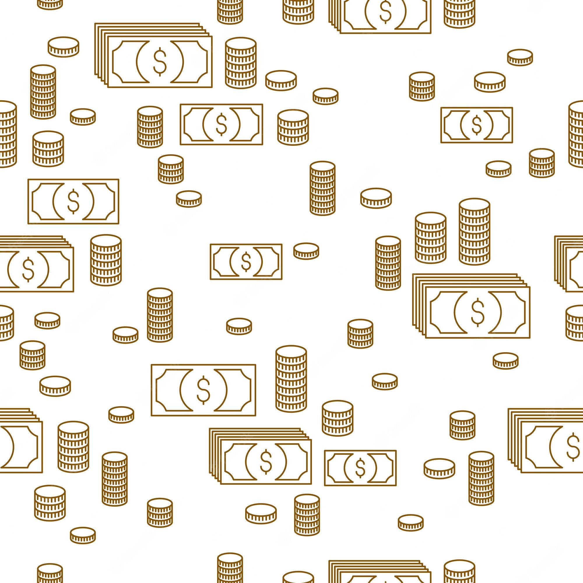 Money Sign 桌布 壁紙 — 金色輪廓插圖，描繪美元鈔票和硬幣以重複圖案散落在潔白背景上。