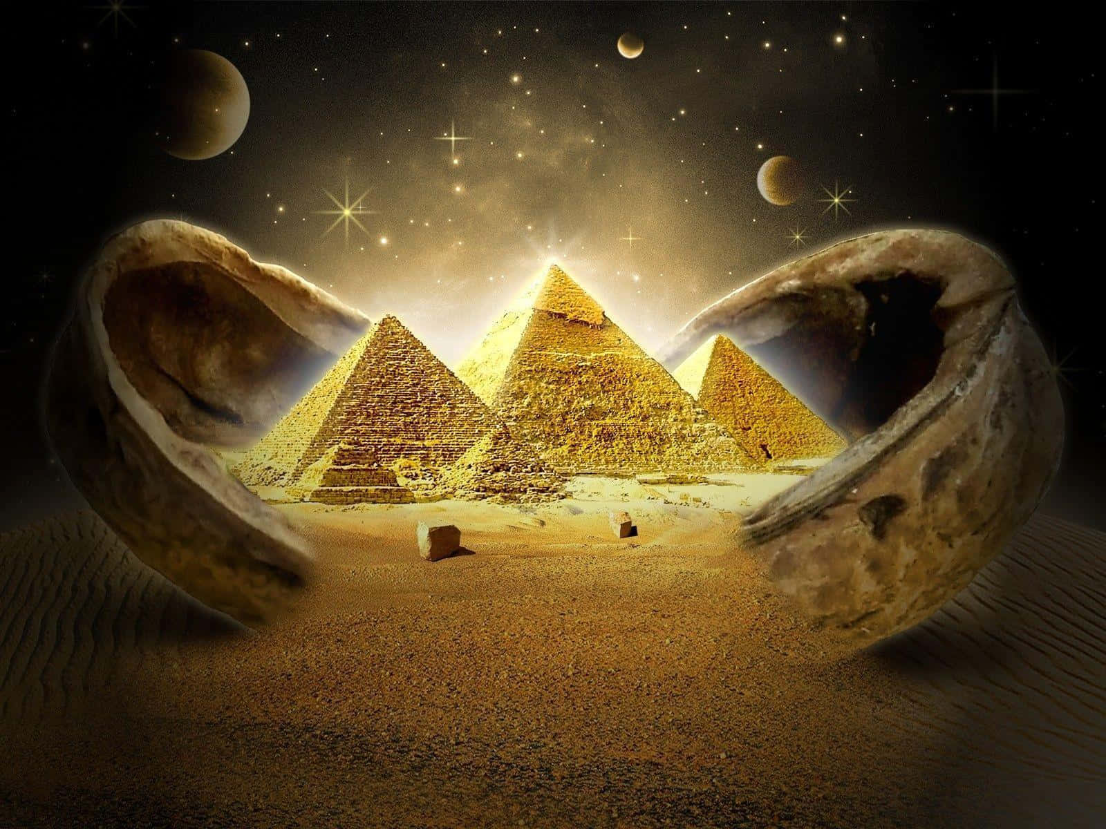 埃及 桌布 壁紙 — 金色金字塔在星空下閃耀，被沙漠沙地上巨大的裂開核桃殼框住。