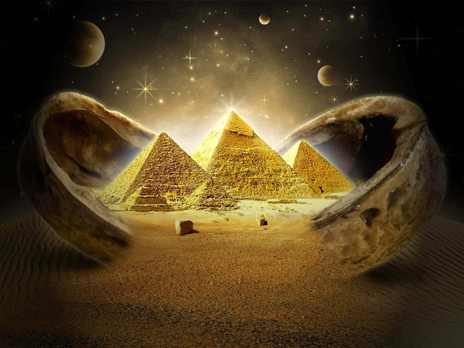 宇宙 桌布 壁紙 — 金色金字塔在星空下閃耀，被沙質沙漠地面上巨大的裂開核桃殼框住。