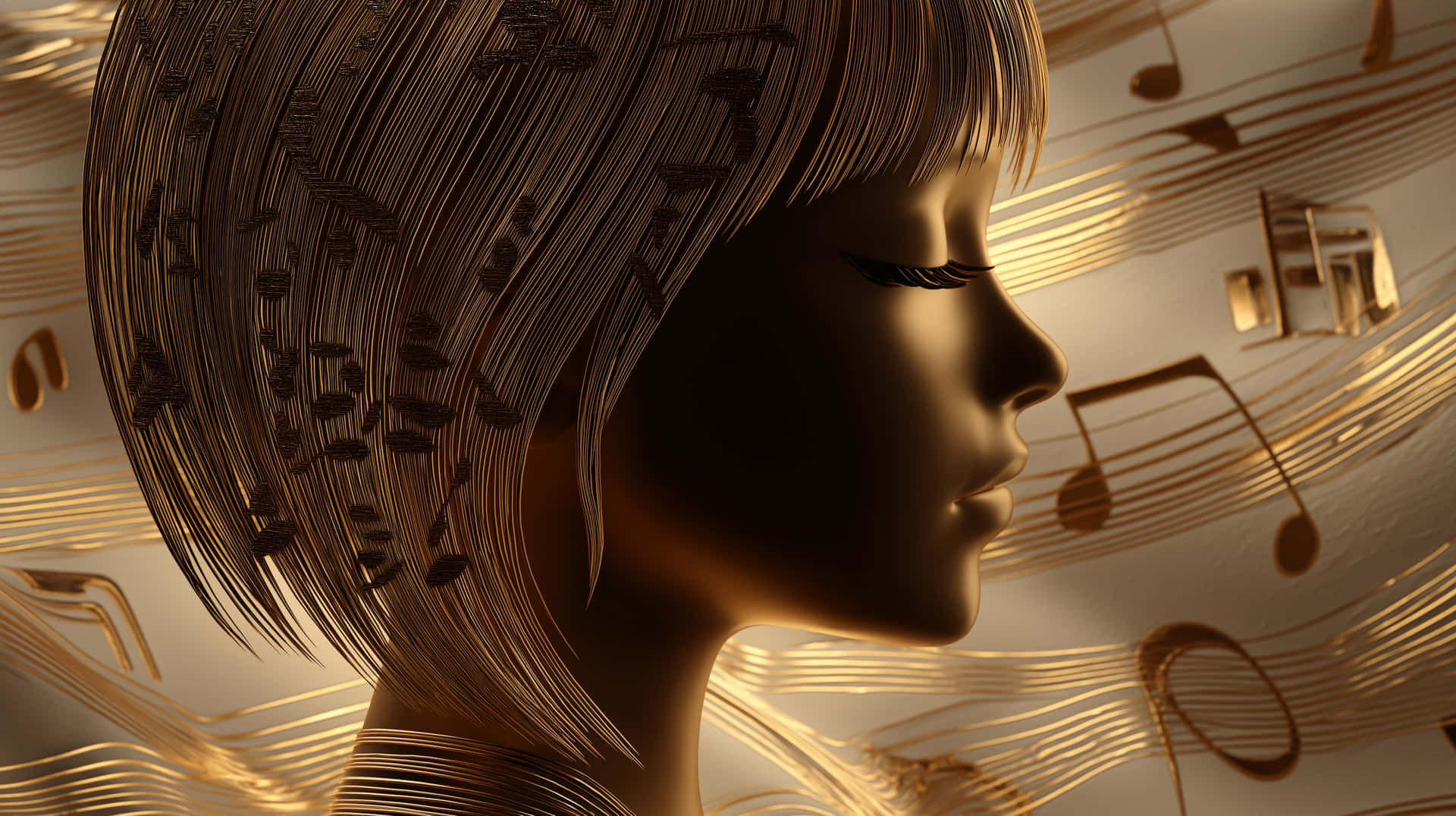 Golden Textured Woman's Profile with Flowing Music Notes 壁紙 — 金色金屬女性側面輪廓，飄逸的頭髮和音符在溫暖的光線中環繞著她旋轉。