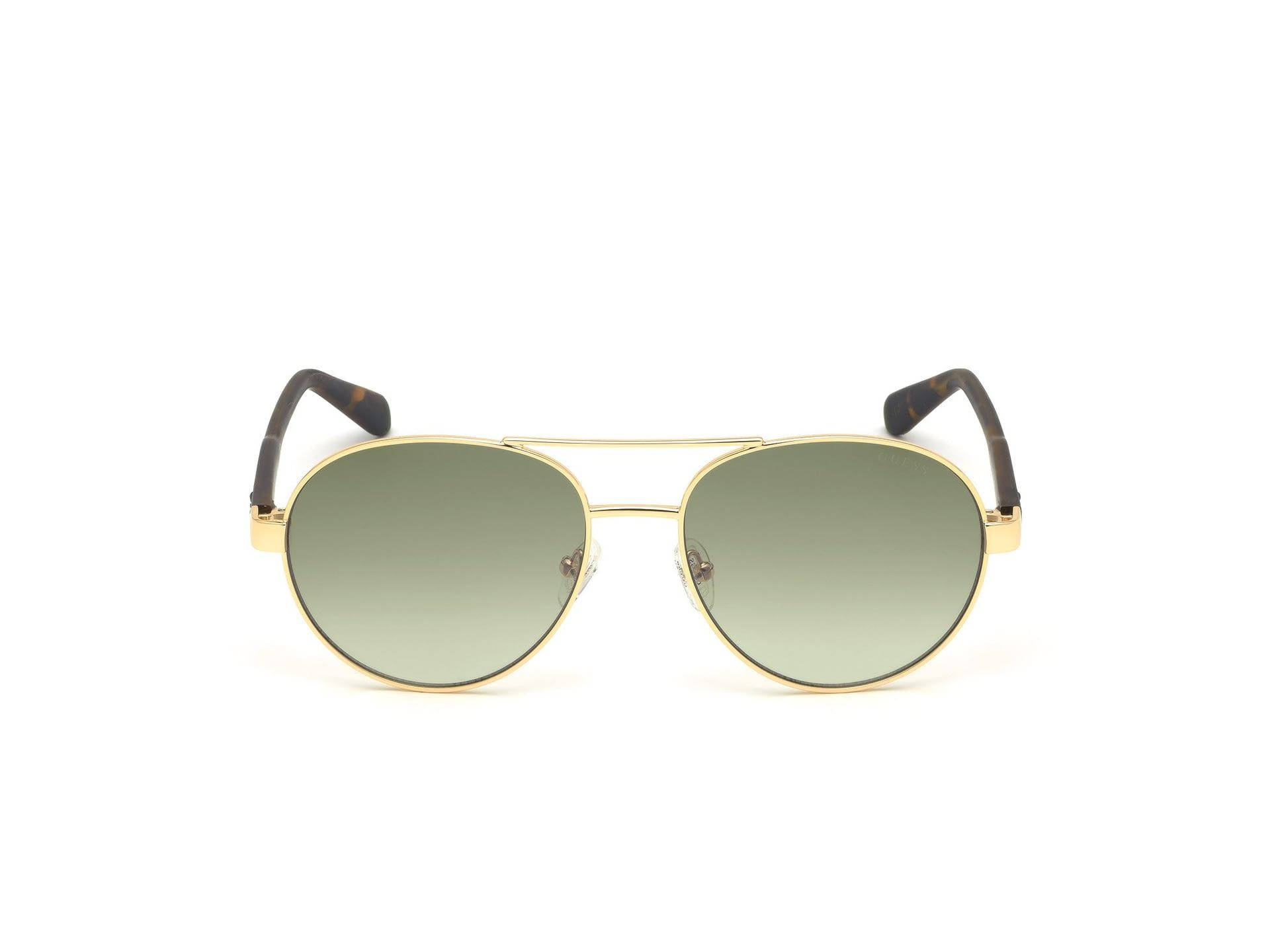 Sunglasses 桌布 壁紙 — 金色金屬框、玳瑁臂的飛行員太陽眼鏡，置於純白背景上。