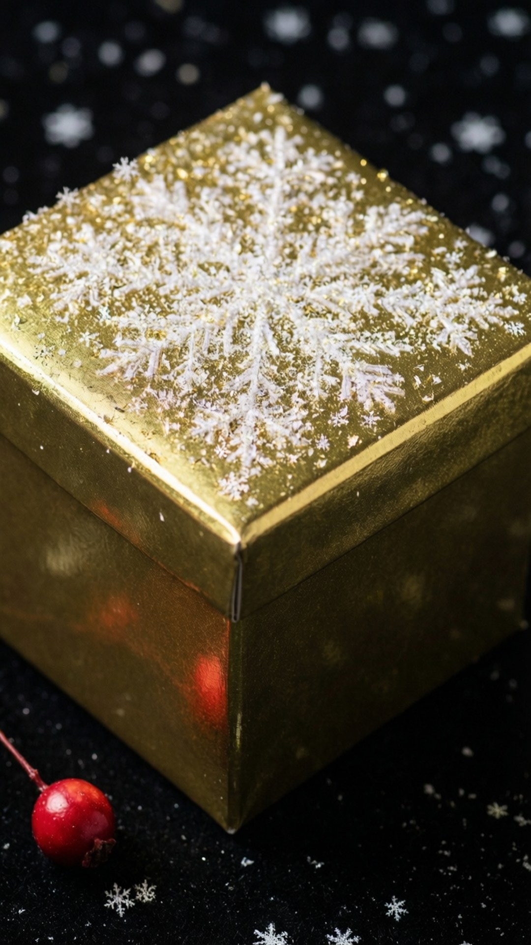 金色金屬禮物 壁紙 — 一個金色禮物盒，飾有精緻的白色雪花，旁邊放著一顆紅色莓果，置於雪白的黑色表面上。